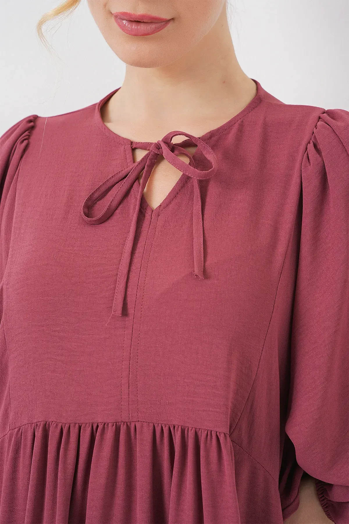 Kadın Balon Kol Uzun Tesettür Elbise 2464 - D.Gül Kurusu