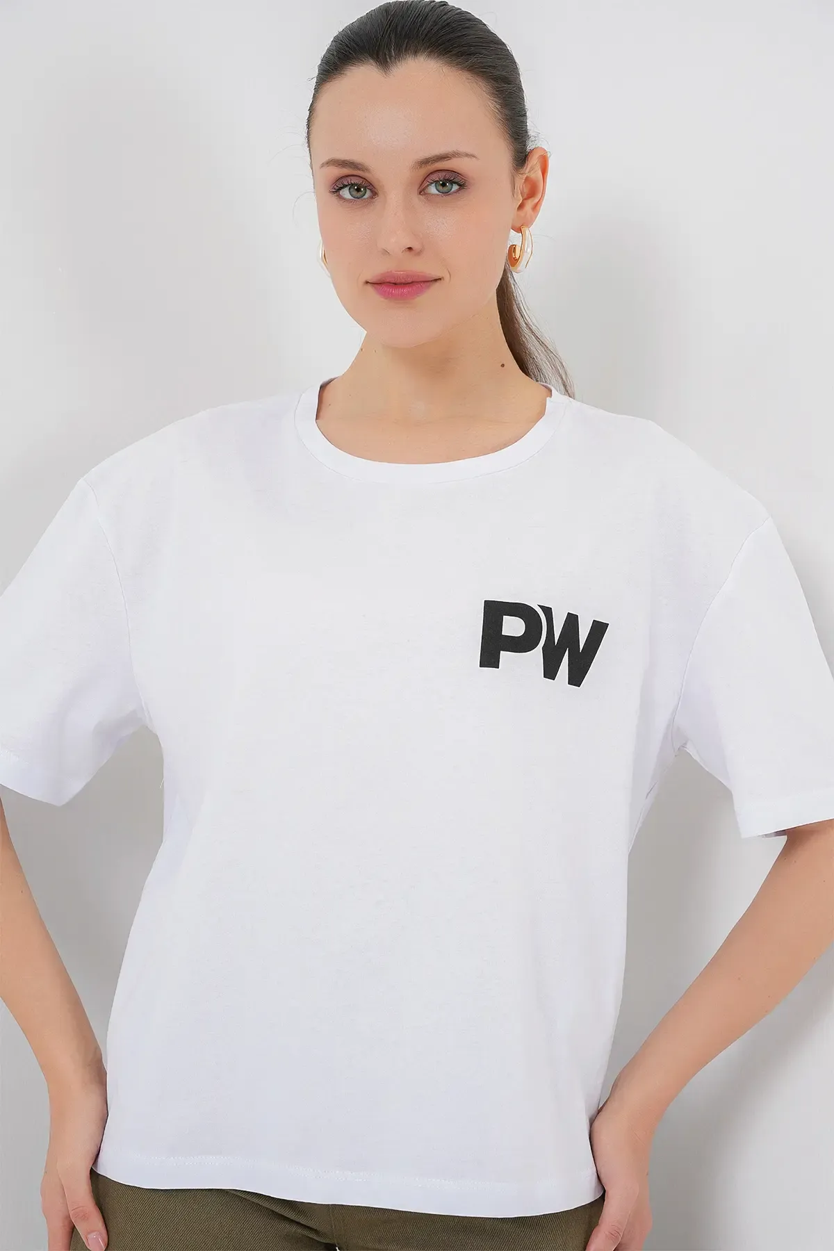 Kadın Baskılı Basic Tişört 4343 - Beyaz