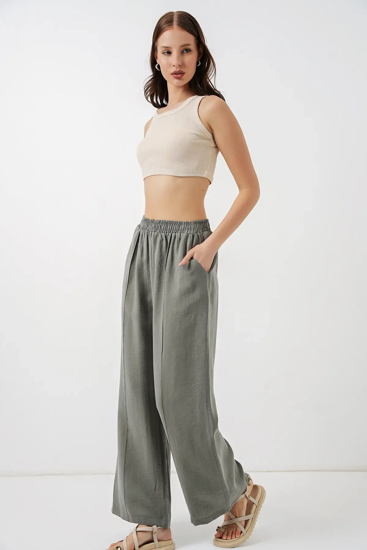 Kadın Beli Lastikli Bol Paça Pantolon 30087 - Gri