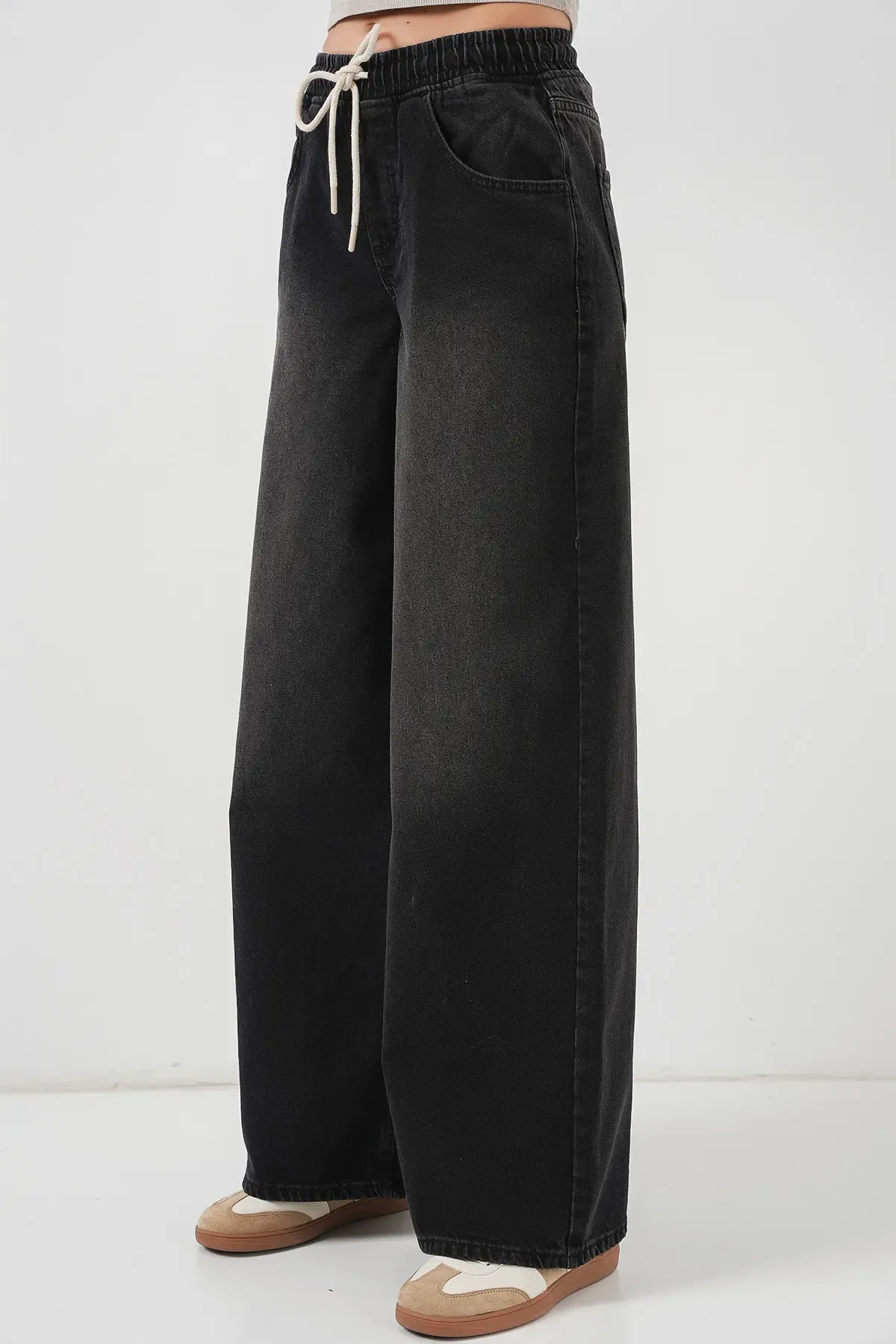 Kadın Bol Paça Kot Pantolon 6705 - Siyah