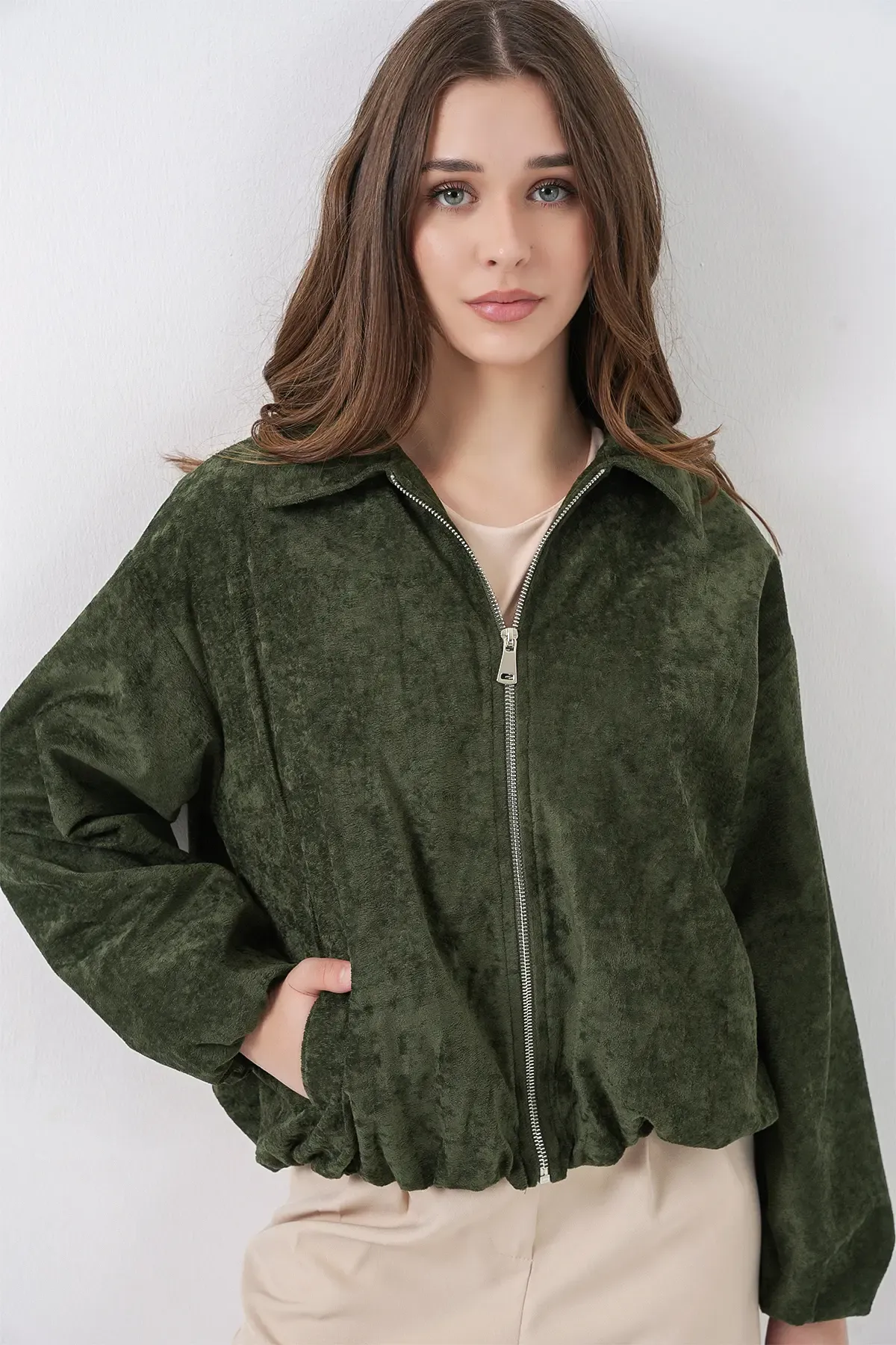 Kadın Büzgülü Oversize Kadife Ceket 0733 - Haki