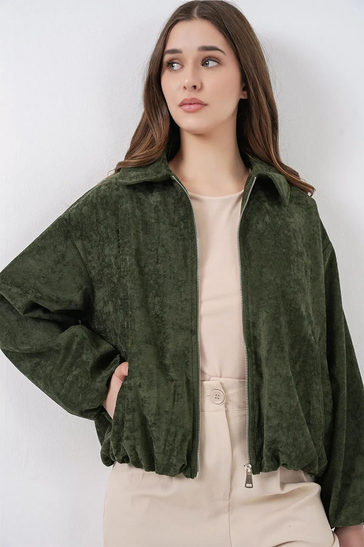 Kadın Büzgülü Oversize Kadife Ceket 0733 - Haki