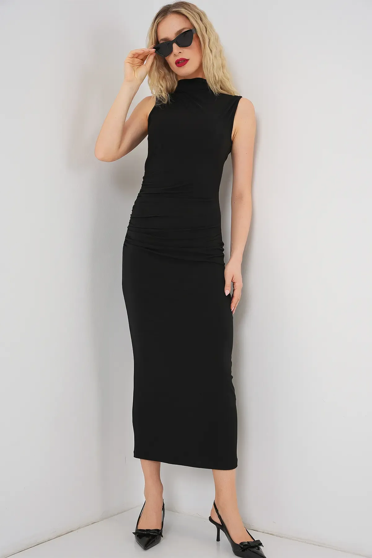 Kadın Büzgülü Sıfır Kol Drapeli Elbise 2579 - Siyah