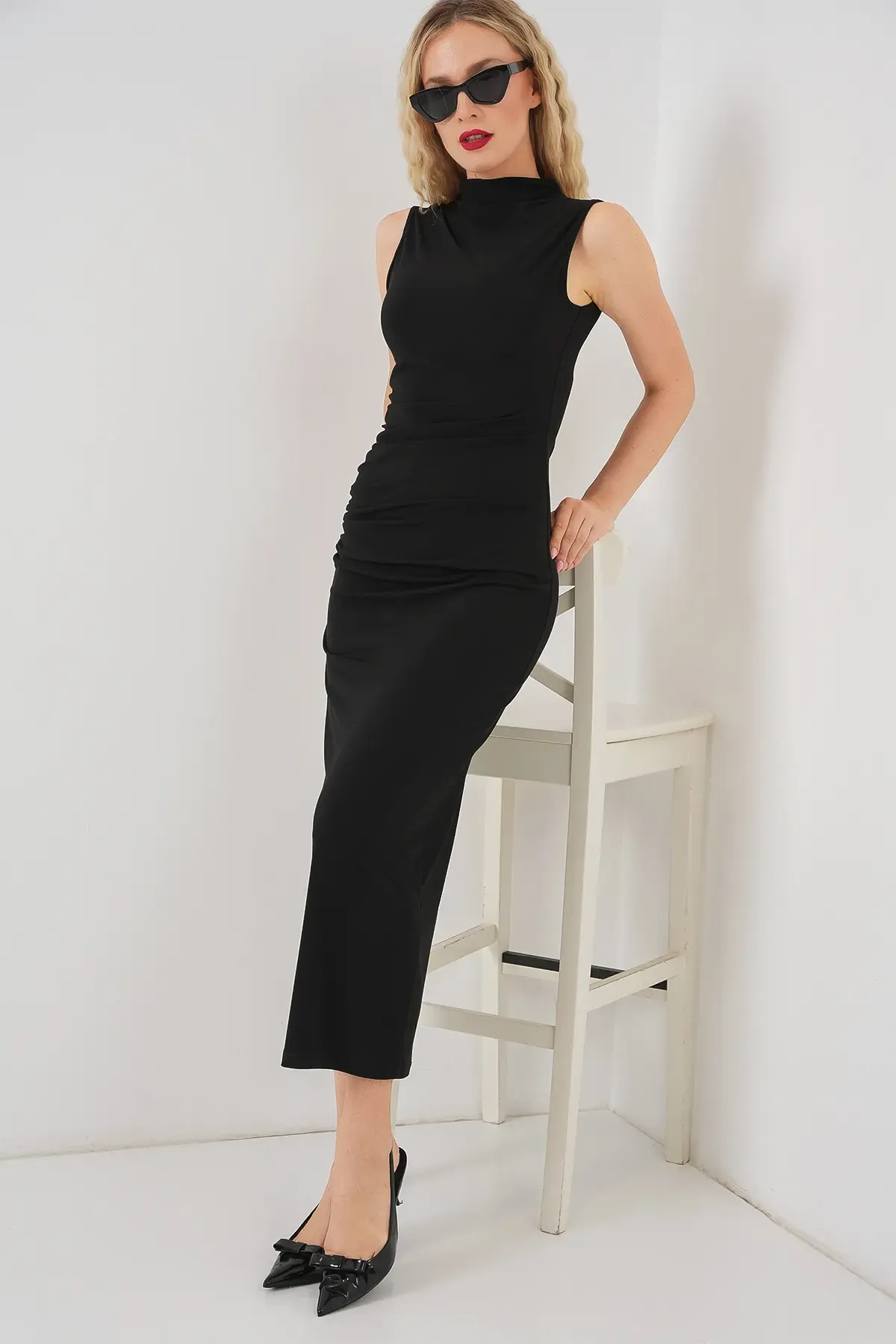 Kadın Büzgülü Sıfır Kol Drapeli Elbise 2579 - Siyah