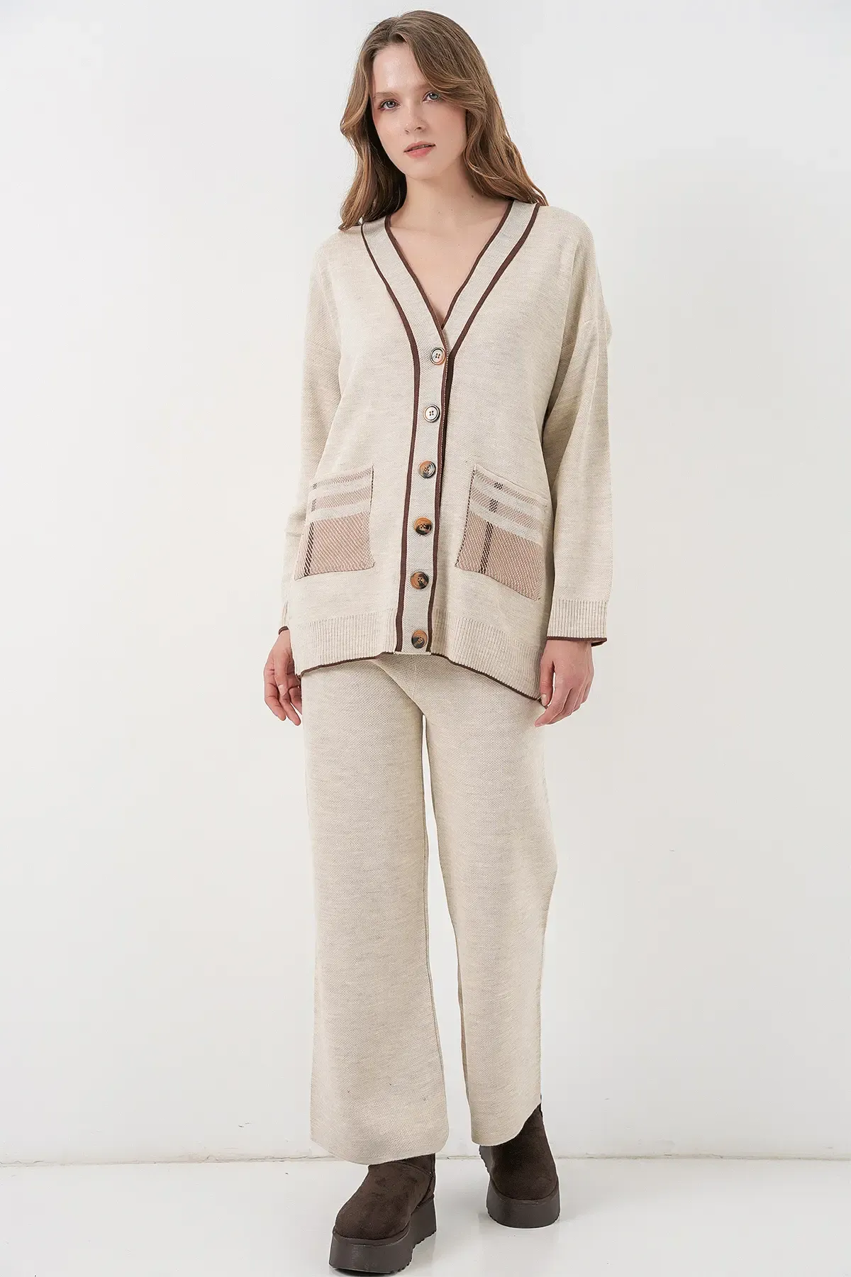 Kadın Cepli Hırka Triko İkili Takım 15964 - Ekru