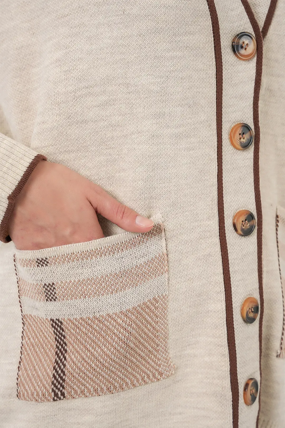 Kadın Cepli Hırka Triko İkili Takım 15964 - Ekru