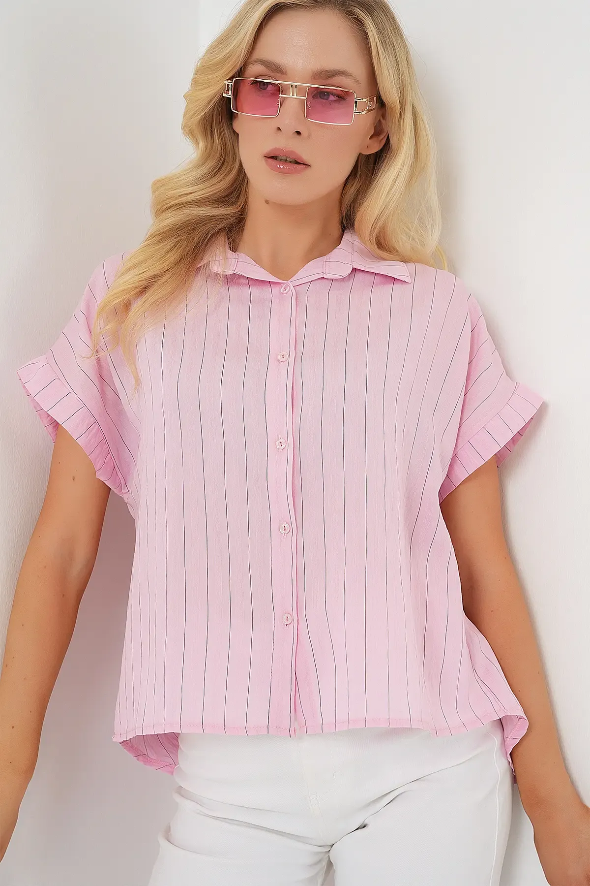 Kadın Çizgili Kısa Kol Gömlek 20327 - Pembe