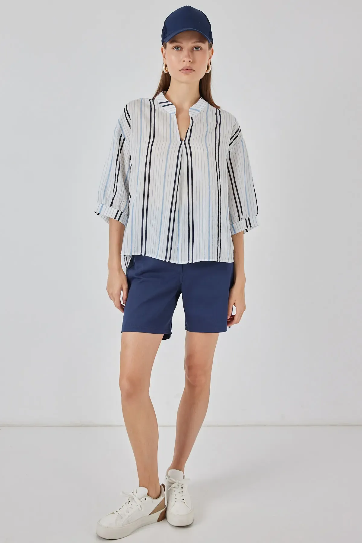 Kadın Çizgili Oversize Bluz 967 - Açık Mavi