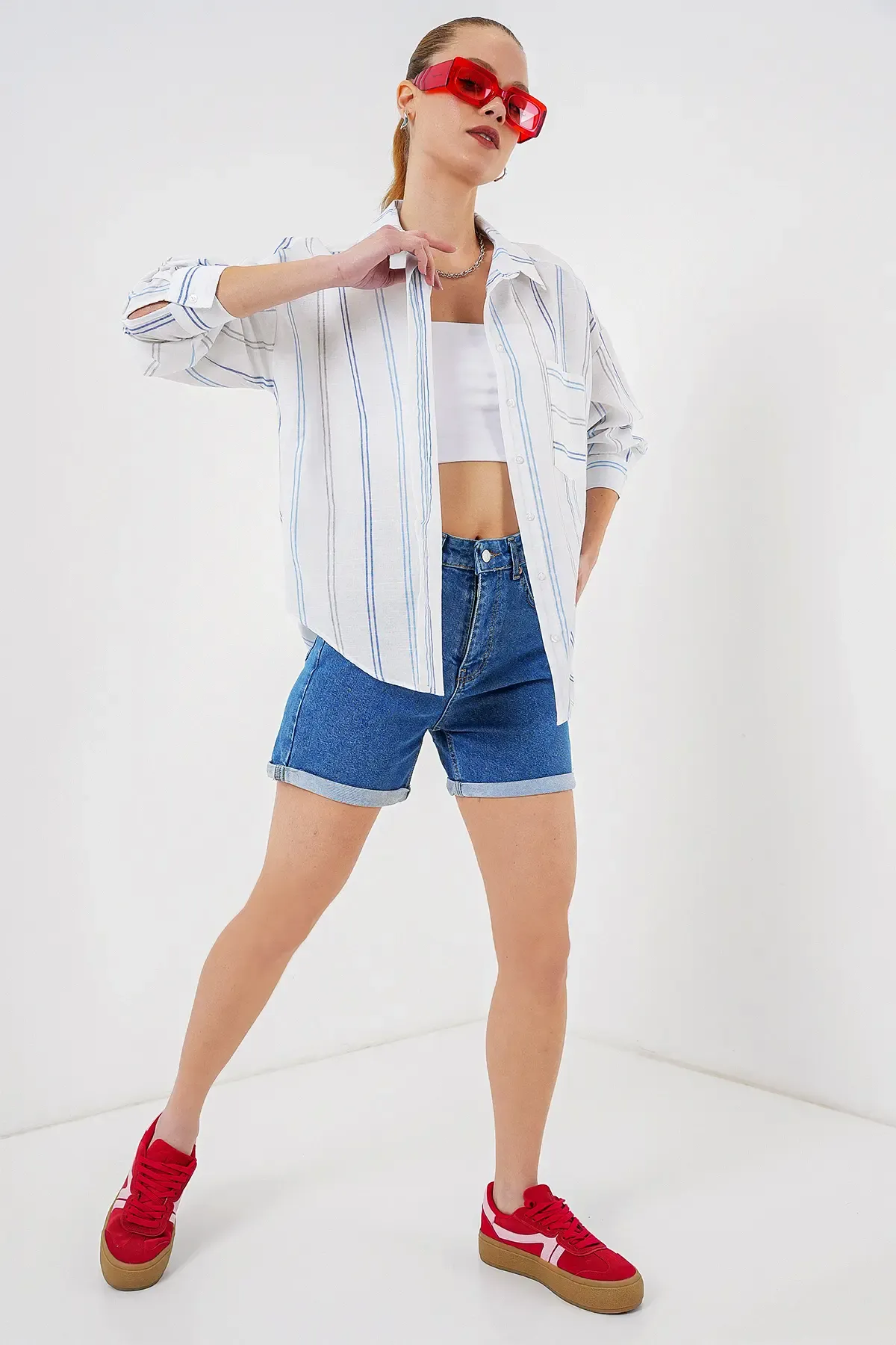 Kadın Çizgili Oversize Gömlek 20278 - Beyaz