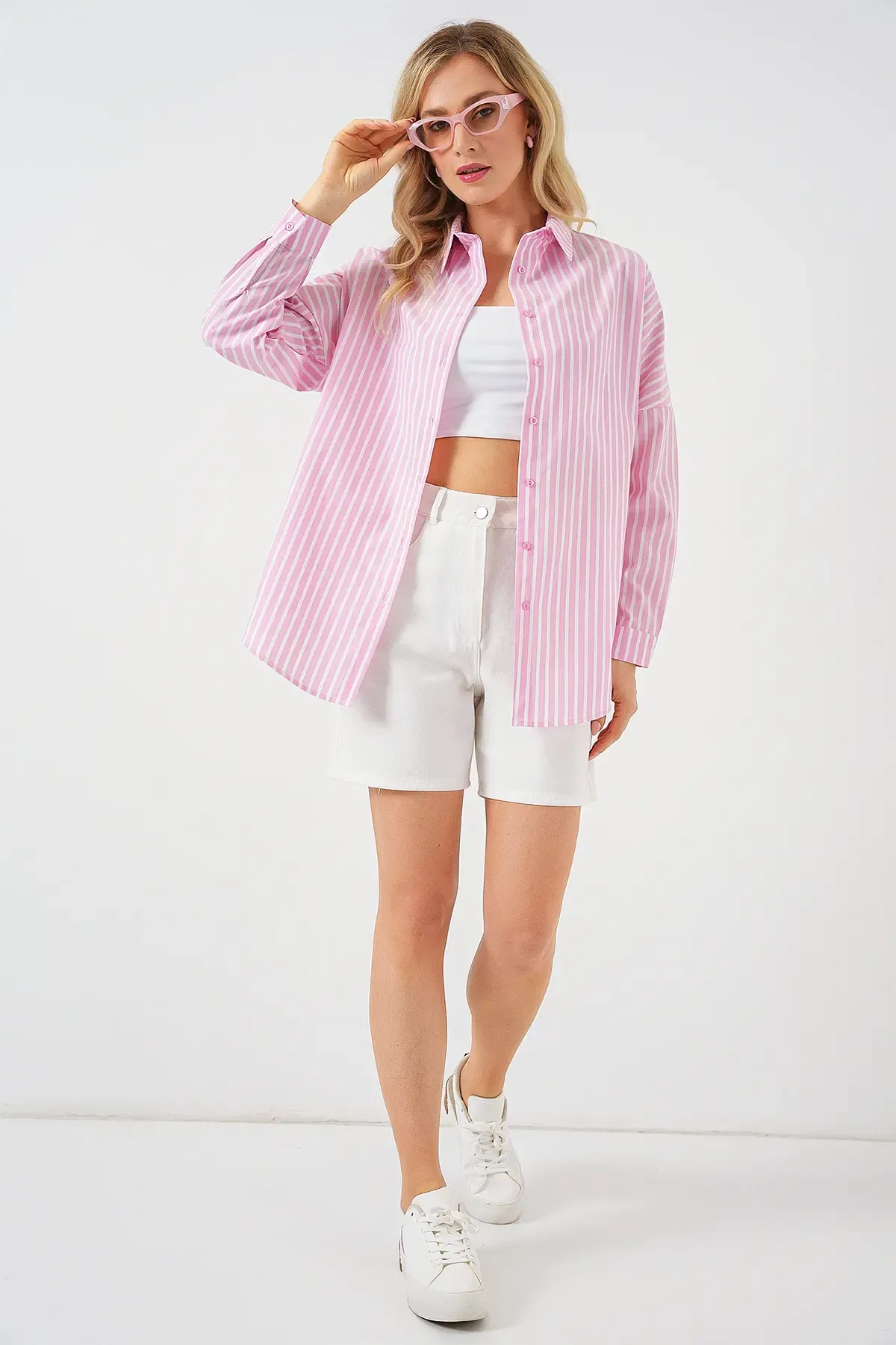 Kadın Çizgili Oversize Gömlek 20332 - Pudra