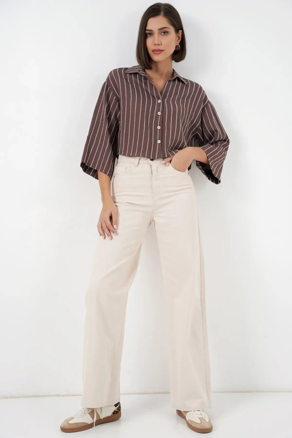 Kadın Çizgili Oversize Kısa Gömlek 20326 - Kahverengi