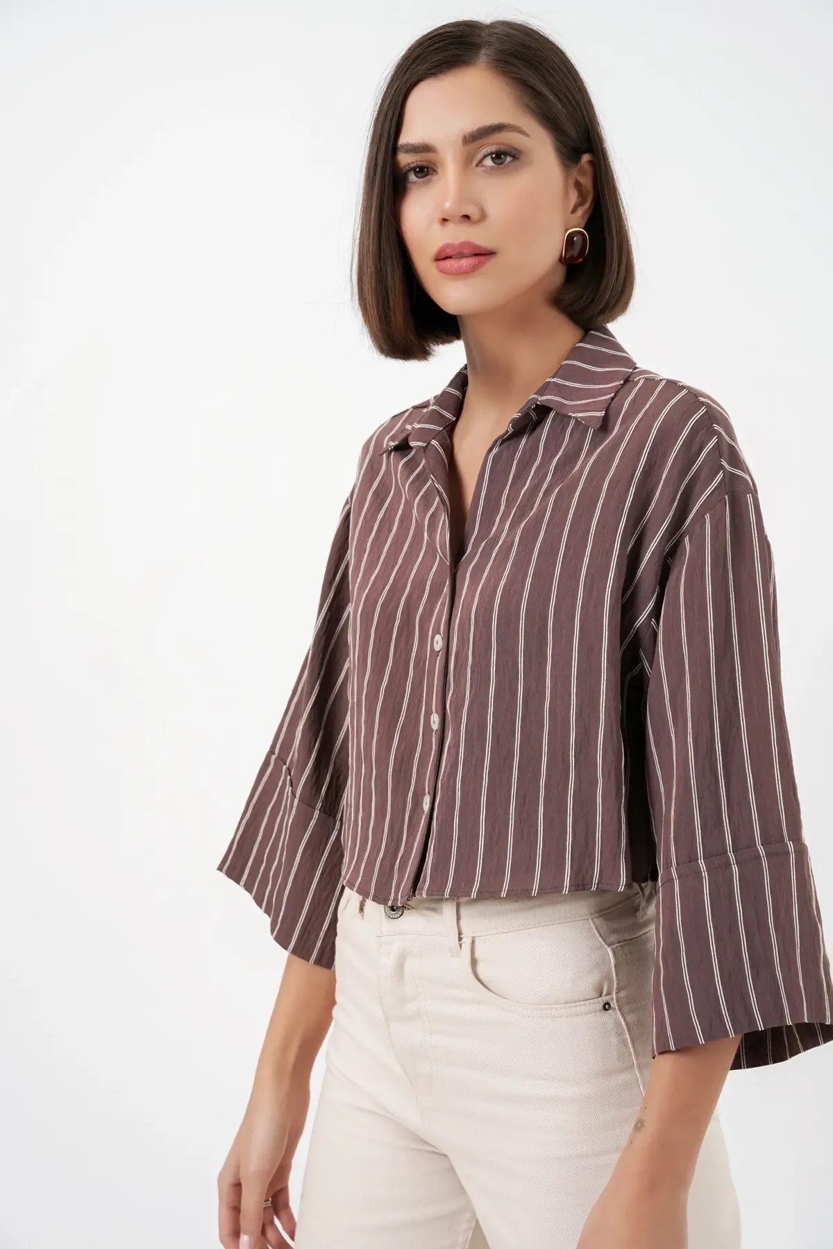 Kadın Çizgili Oversize Kısa Gömlek 20326 - Kahverengi
