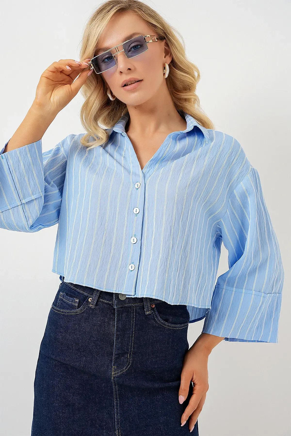 Kadın Çizgili Oversize Kısa Gömlek 20326 - Mavi