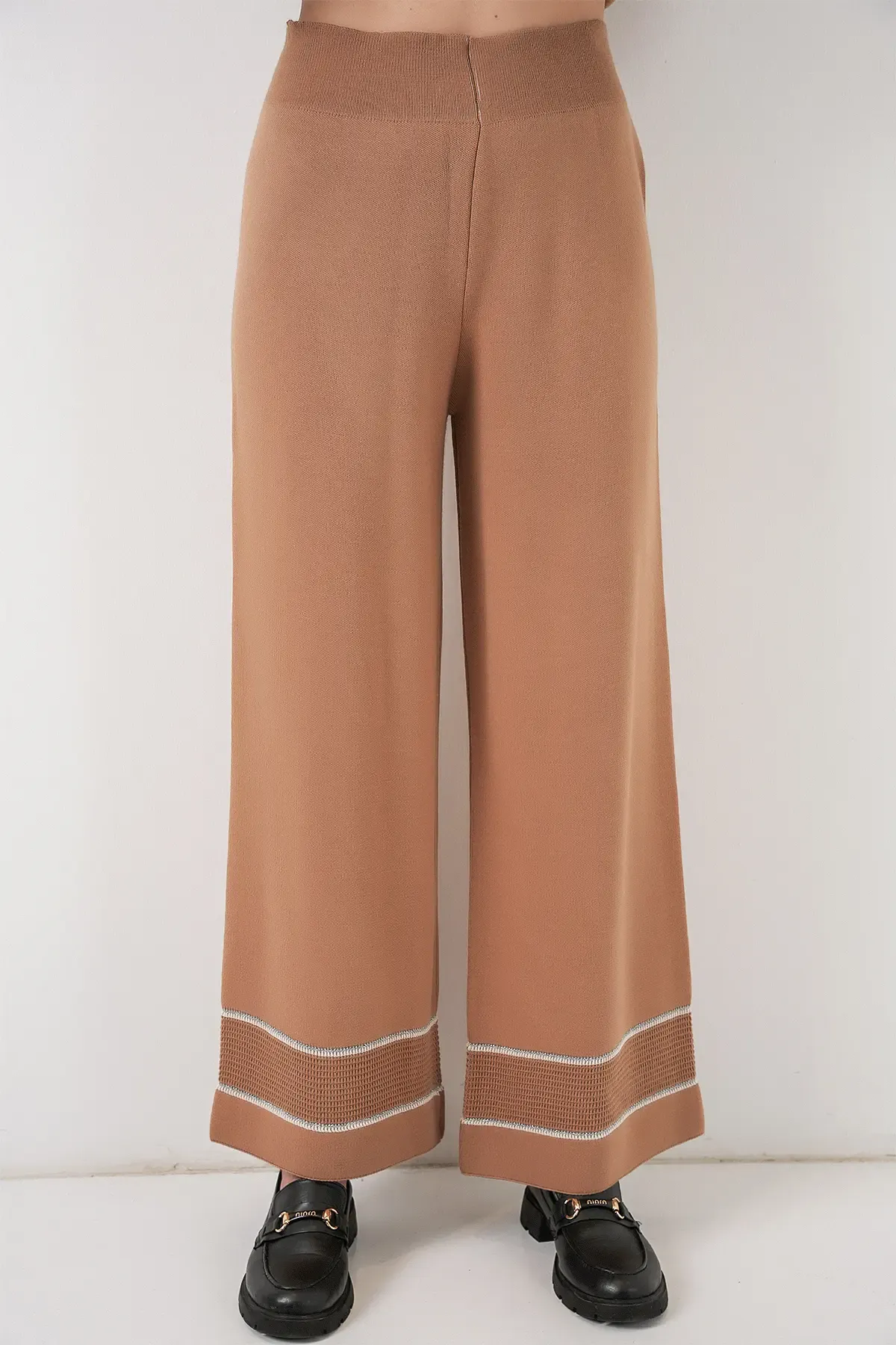 Kadın Çizgili Oversize Triko İkili Takım 15957 - Camel