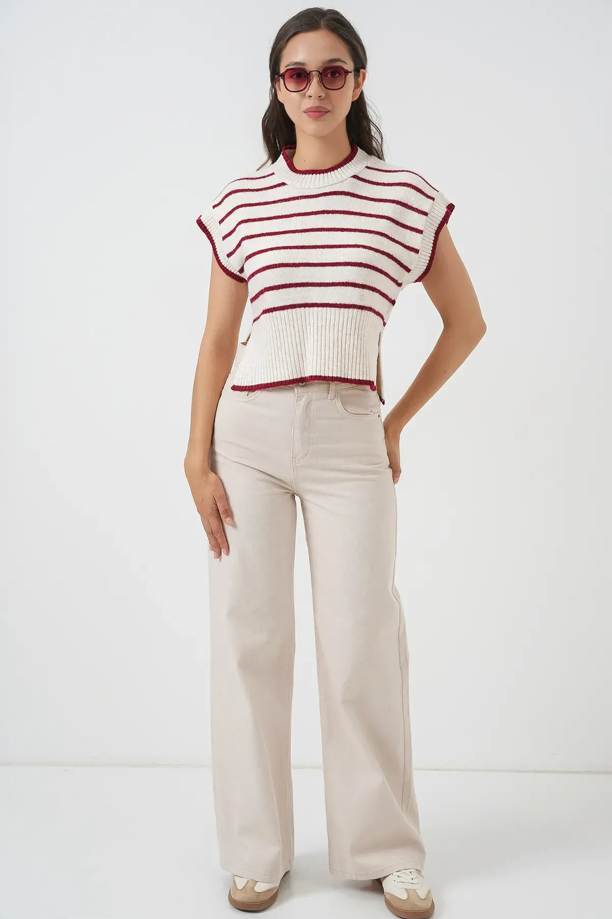 Kadın Çizgili Triko Süveter 15926 - Bordo