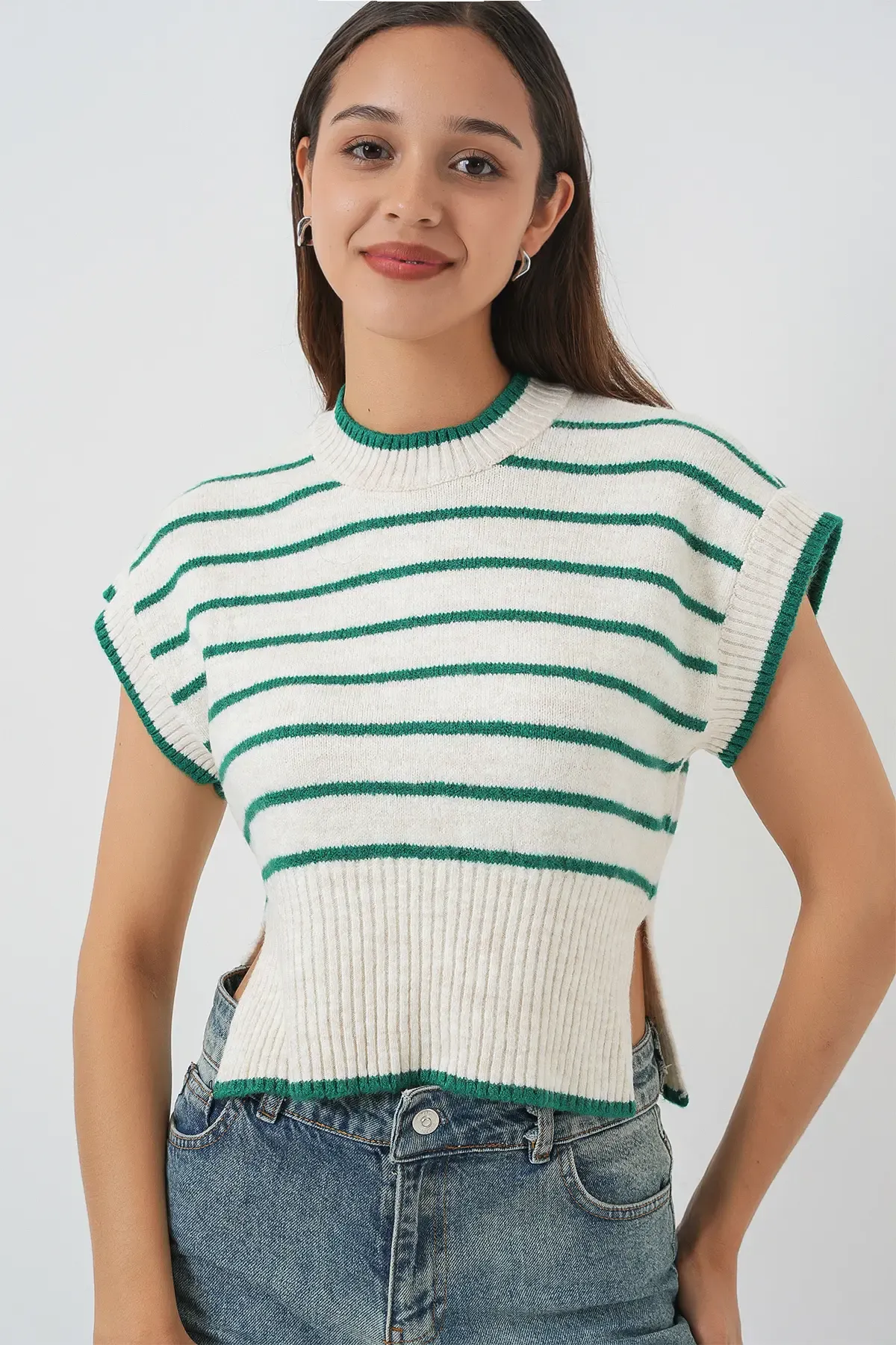 Kadın Çizgili Triko Süveter 15926 - Zümrüt Yeşili