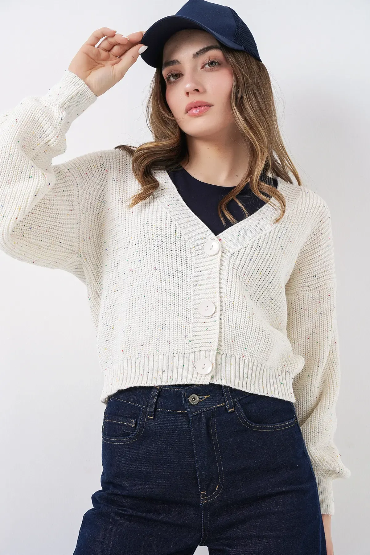 Kadın Crop Triko Hırka 15955 - Ekru