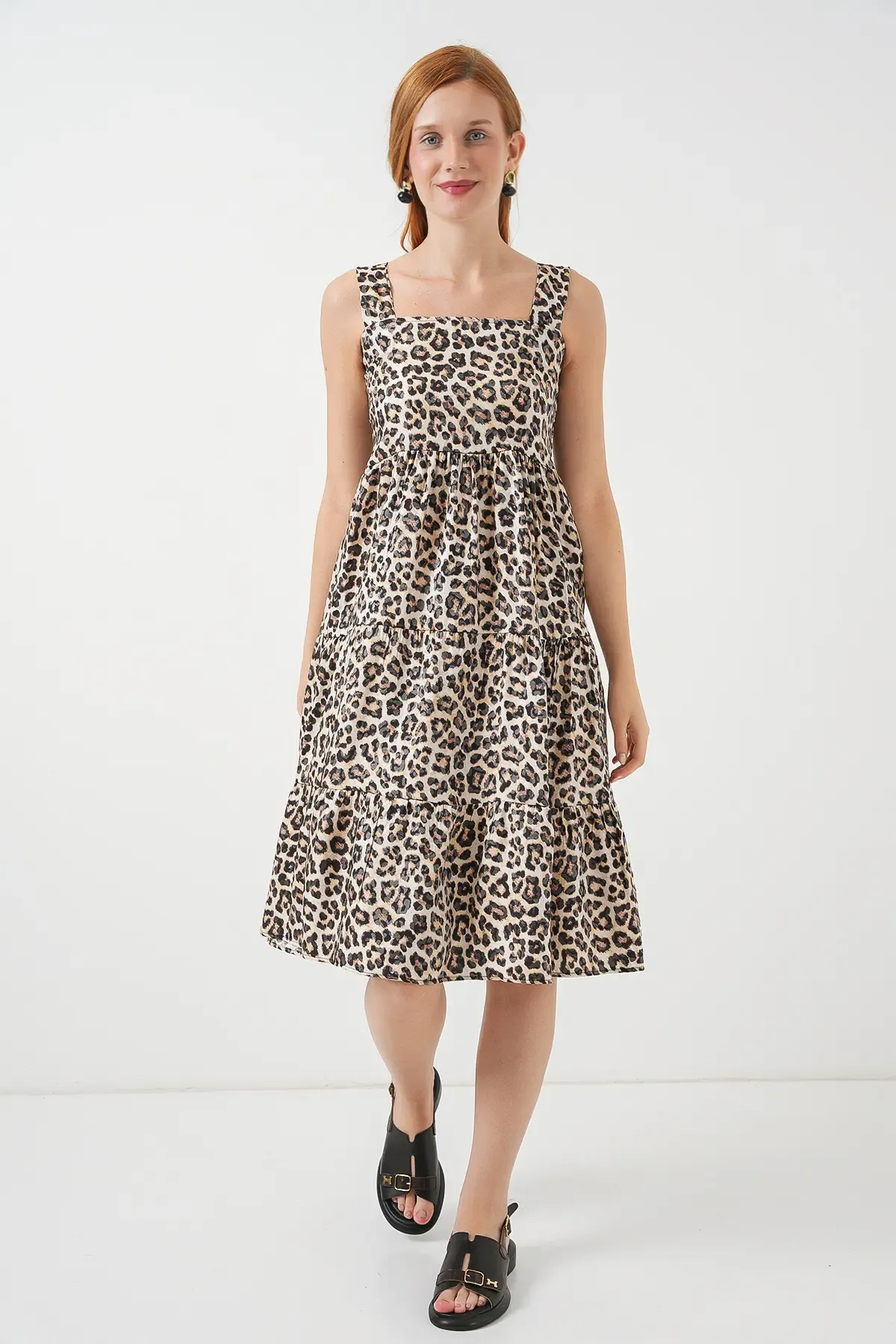 Kadın Desenli Askılı Midi Elbise 2577 - C. Kahverengi