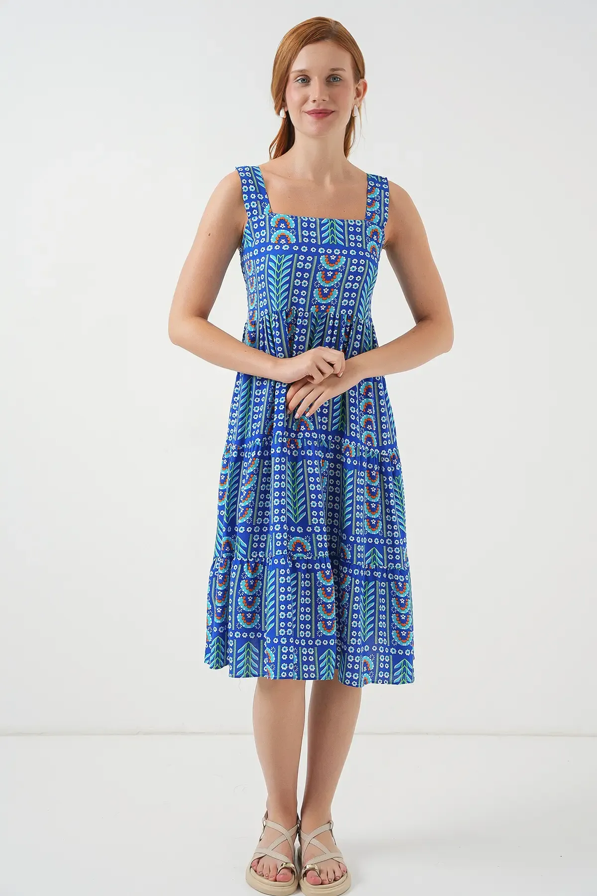 Kadın Desenli Askılı Midi Elbise 2577 - Saks