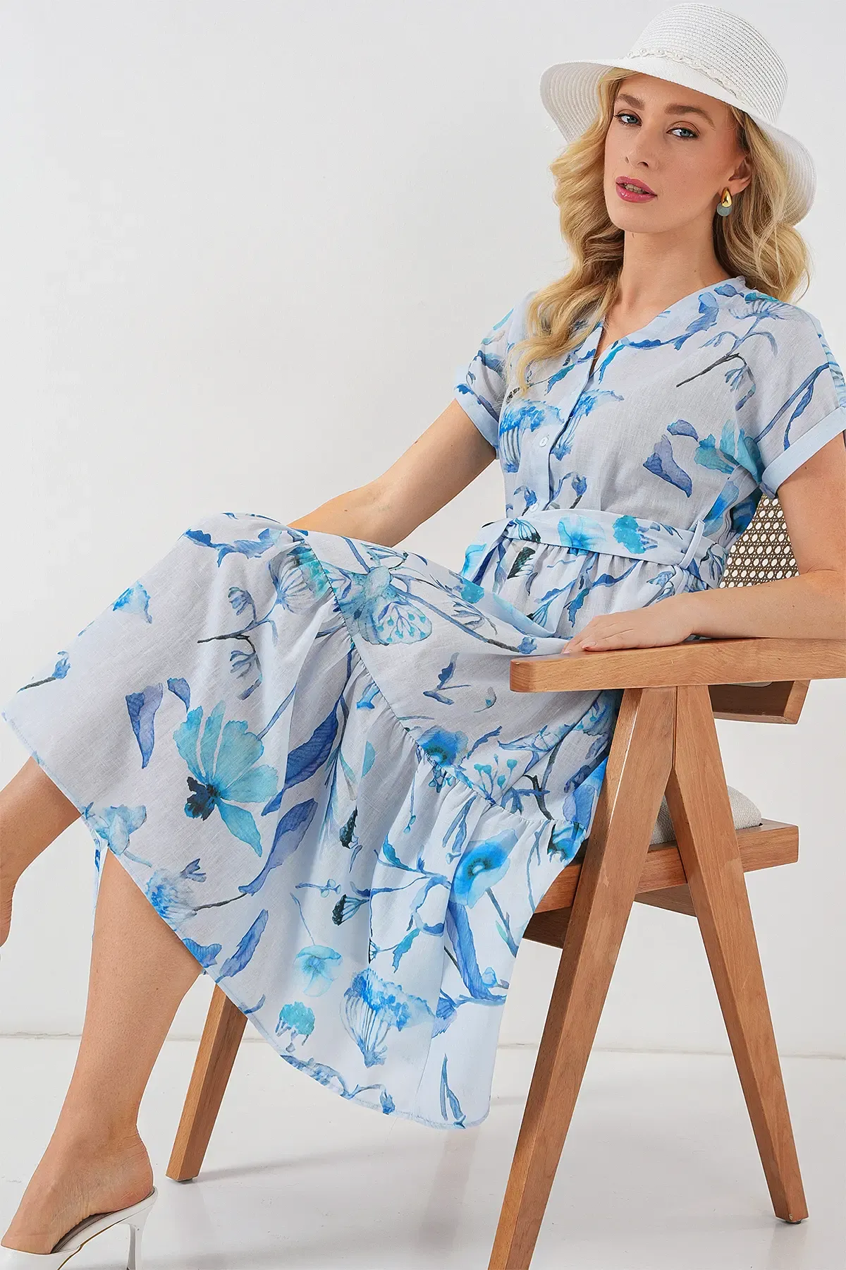 Kadın Desenli Kısa Kol Elbise 2558 - Mavi