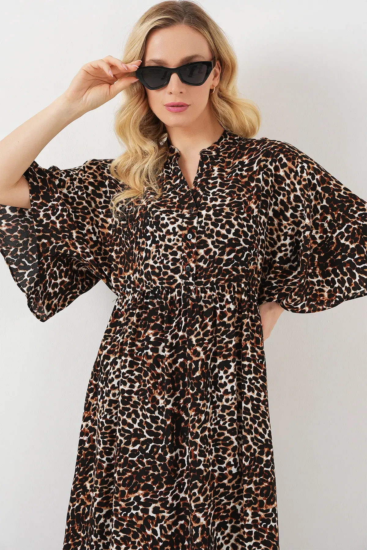 Kadın Desenli Kısa Kol Elbise 2562 - C. Kahverengi