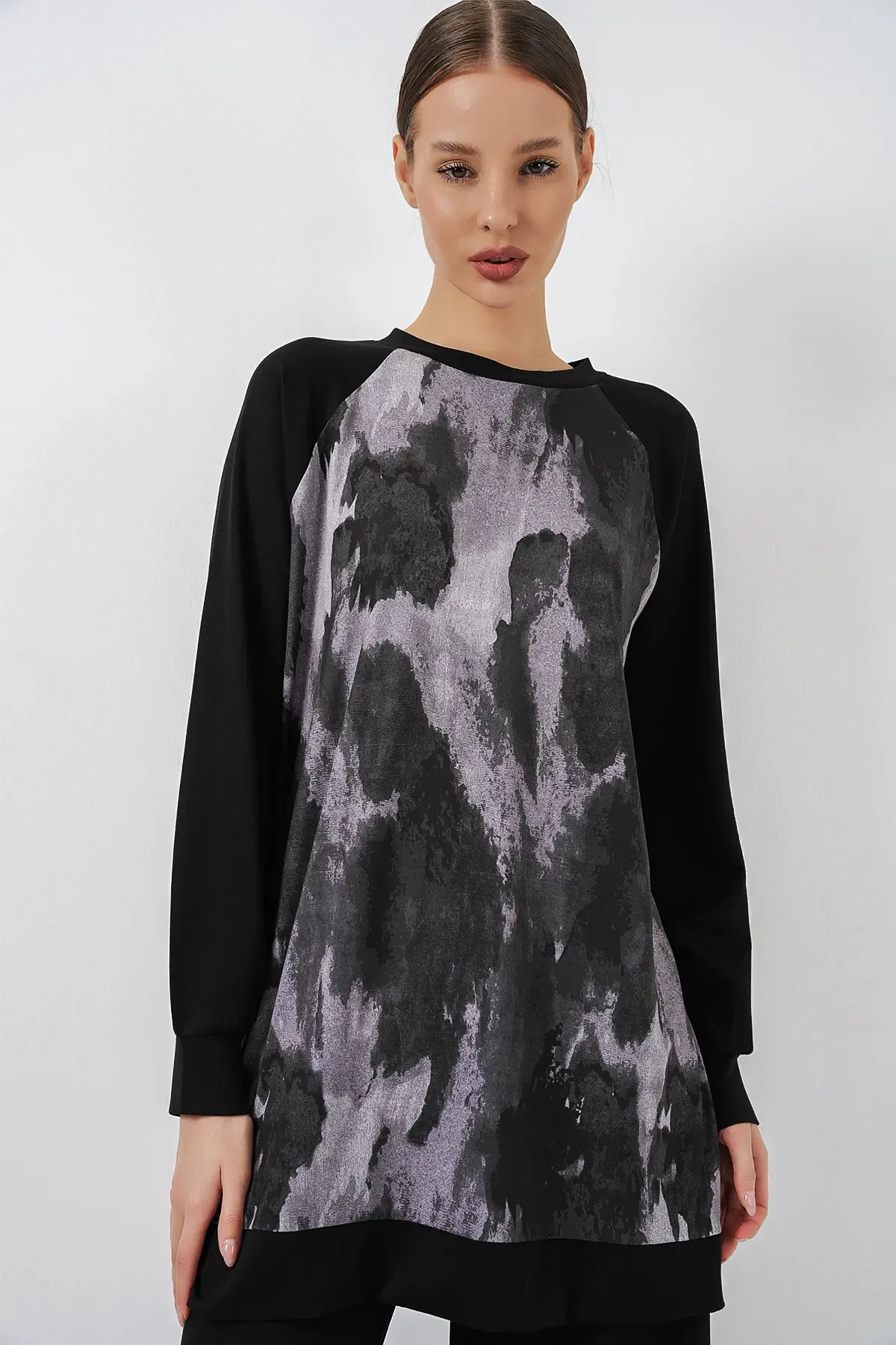 Kadın Desenli Oversize Tunik Pantolon İkili Takım 55462 - Siyah