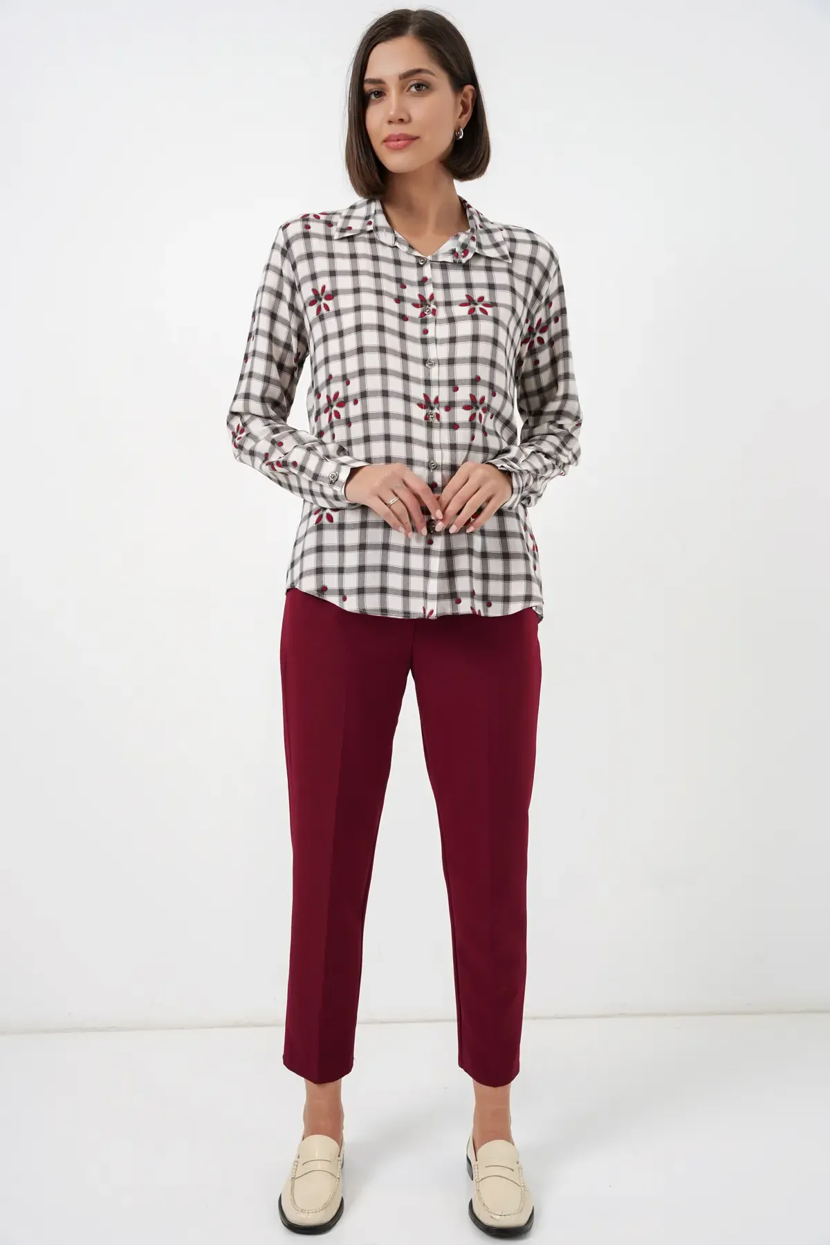 Kadın Desenli Oversize Viskon Gömlek 20371 - Siyah