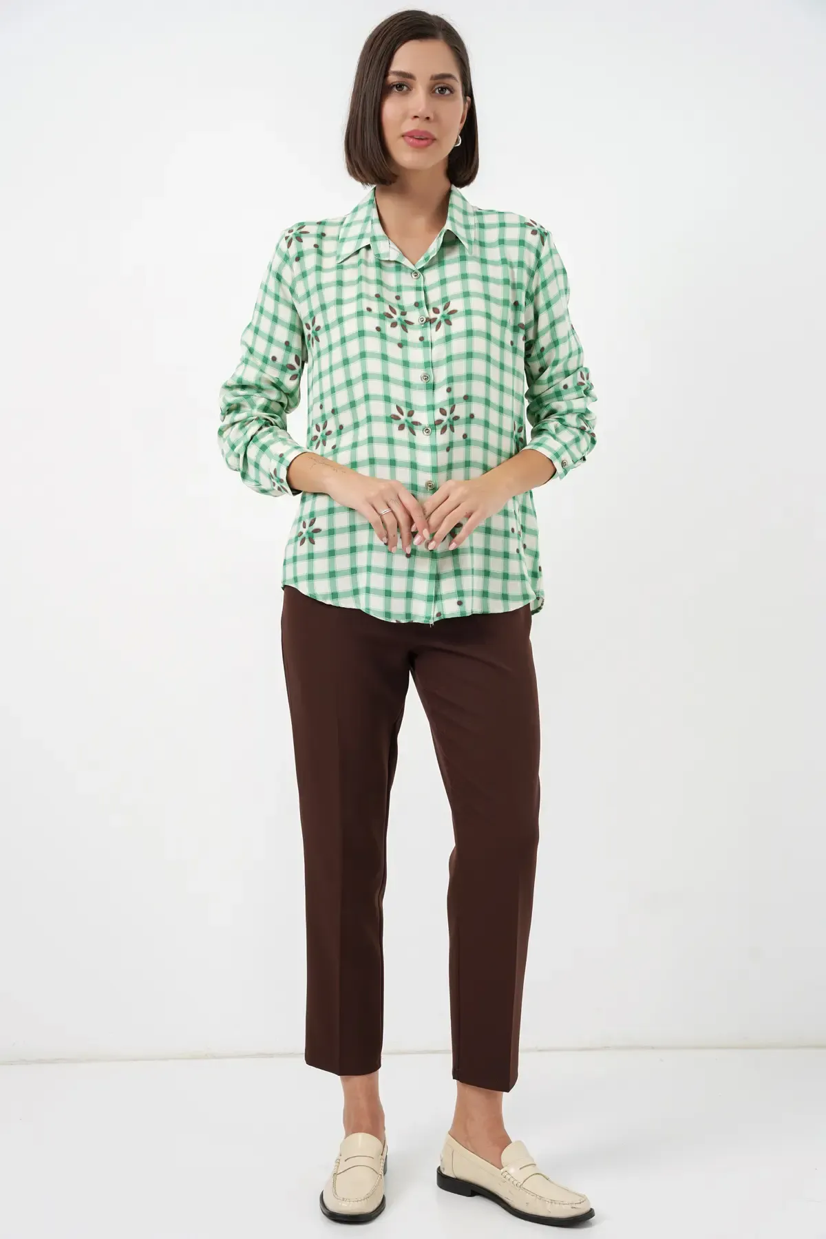 Kadın Desenli Oversize Viskon Gömlek 20371 - Yeşil