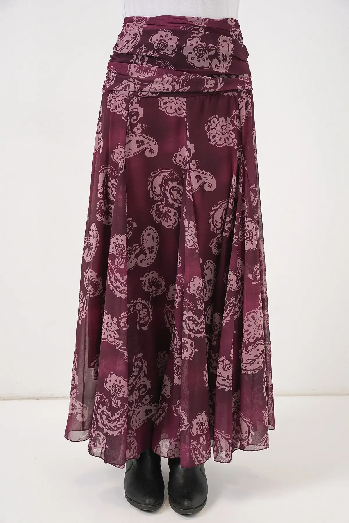 Kadın Desenli Şifon Etek 8057 - Bordo