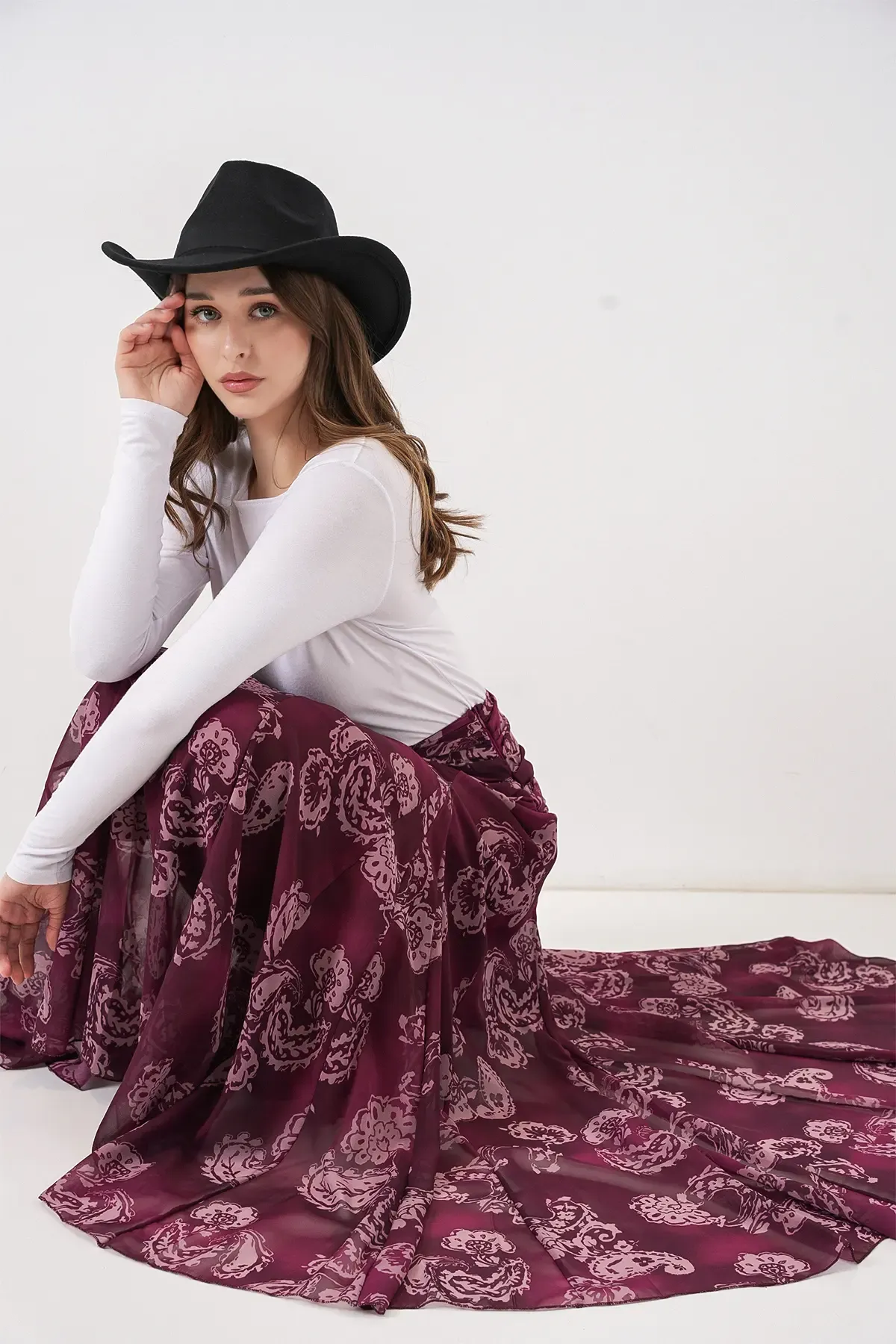 Kadın Desenli Şifon Etek 8057 - Bordo