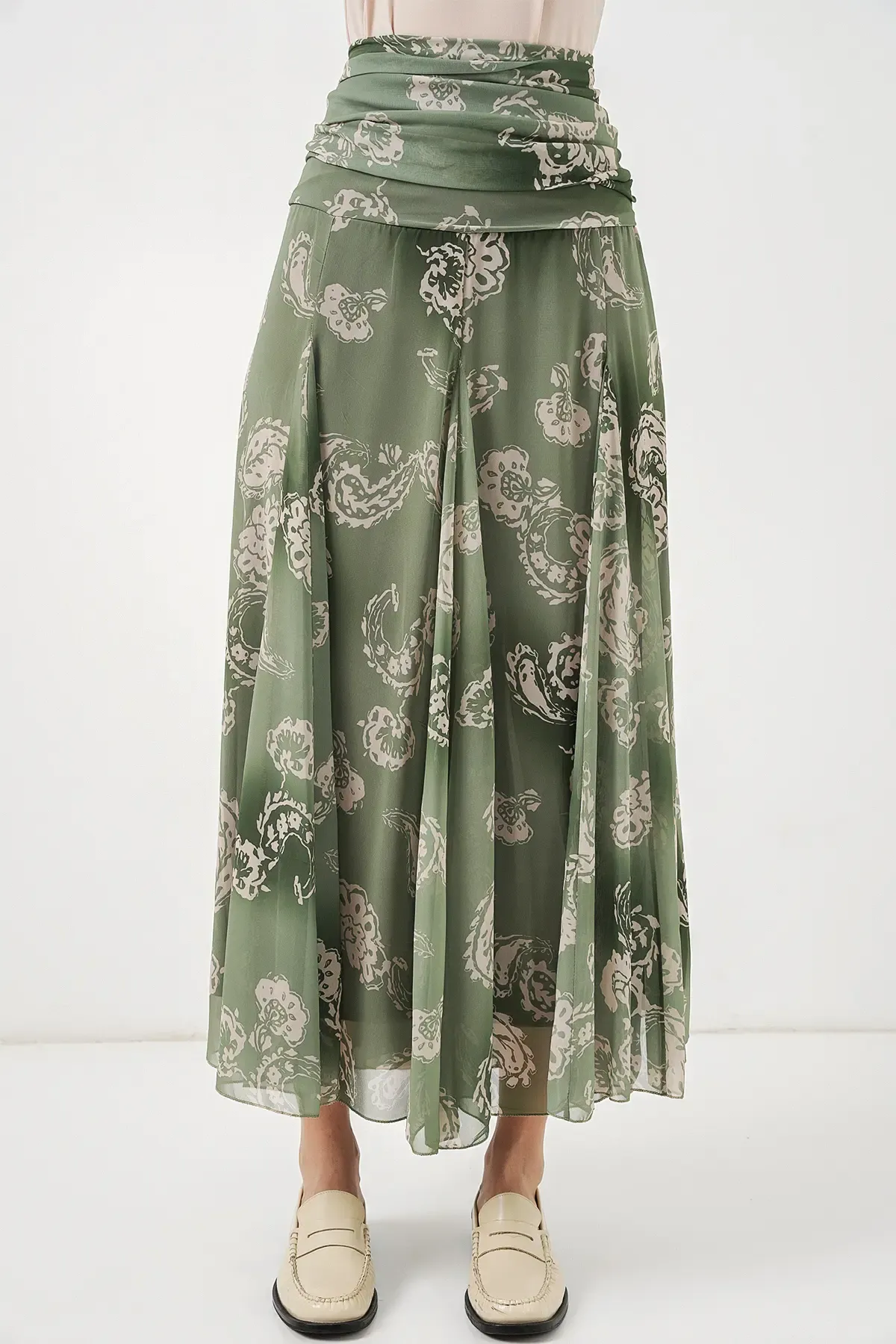 Kadın Desenli Şifon Etek 8057 - E.Yeşil