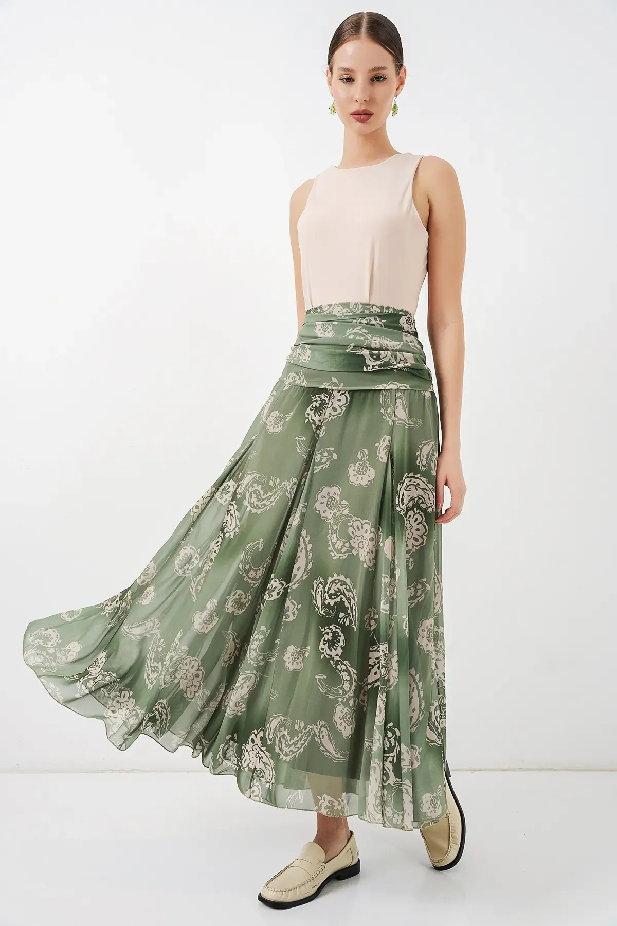 Kadın Desenli Şifon Etek 8057 - E.Yeşil