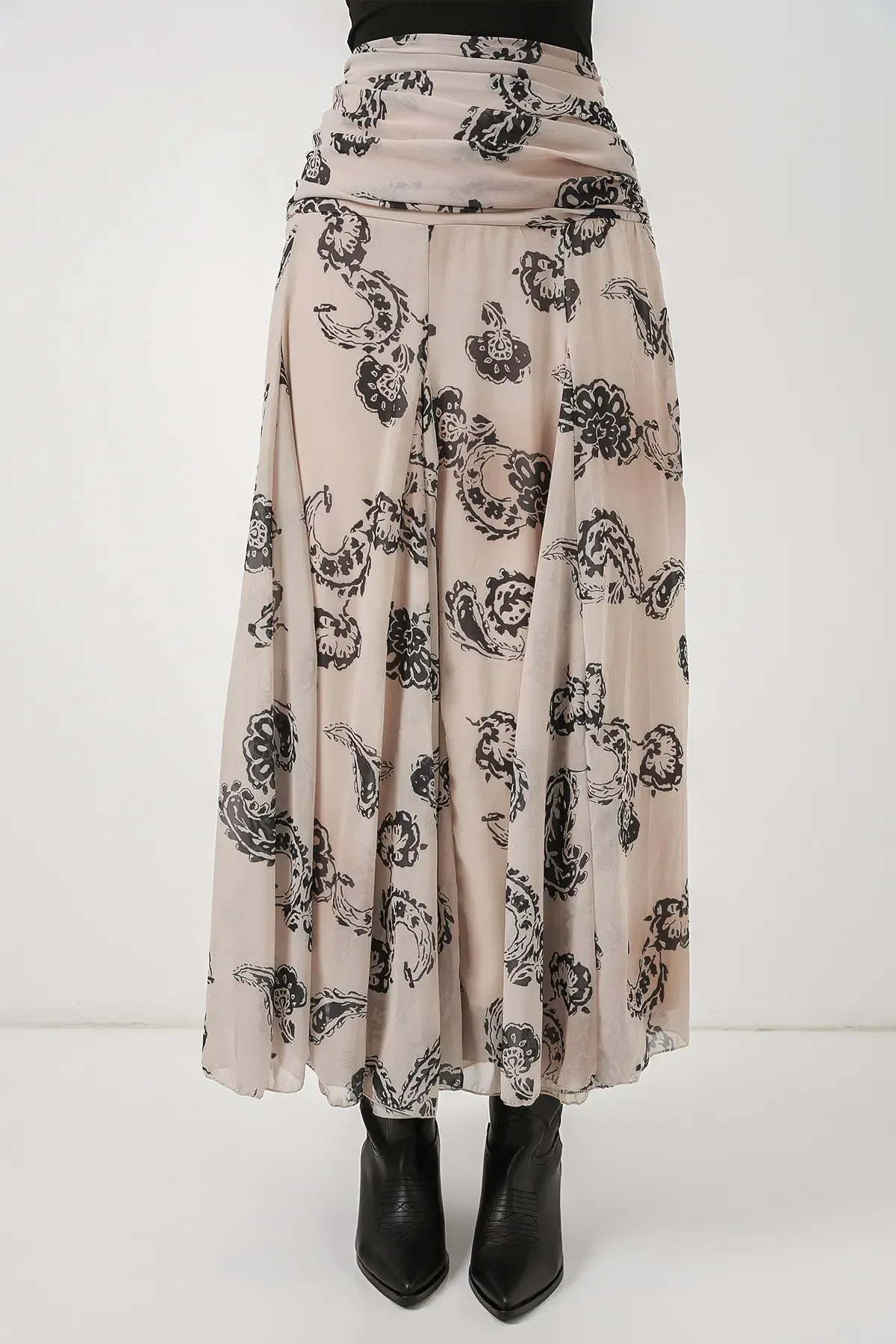 Kadın Desenli Şifon Etek 8057 - Krem