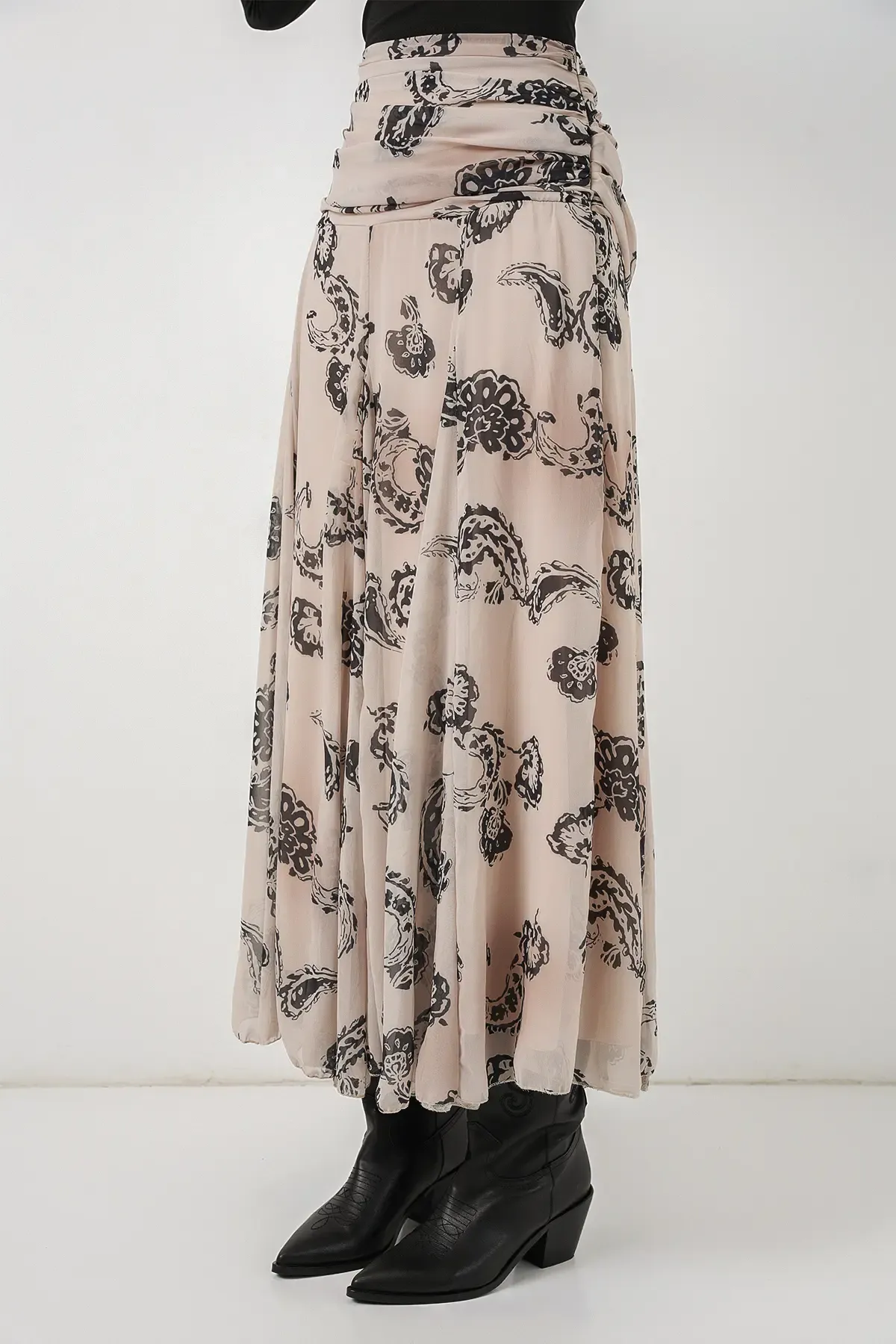 Kadın Desenli Şifon Etek 8057 - Krem