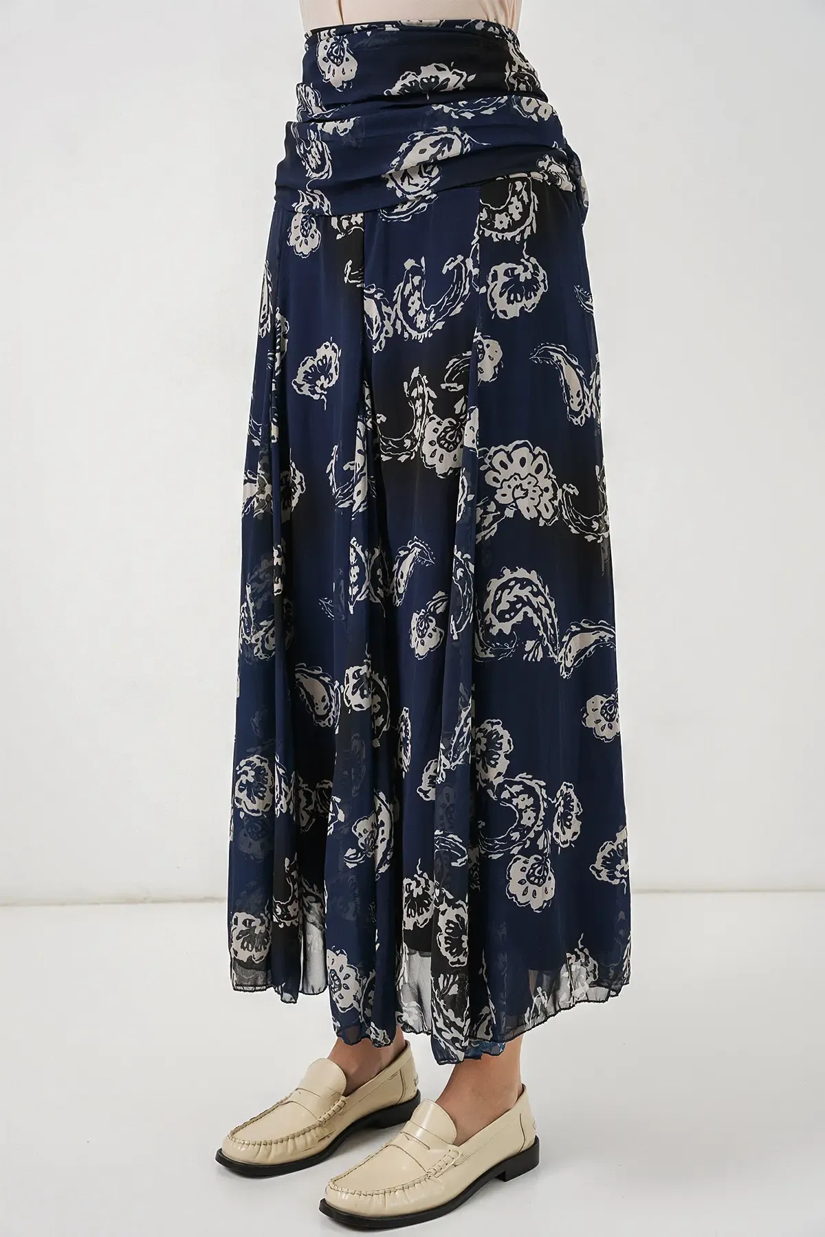 Kadın Desenli Şifon Etek 8057 - Lacivert