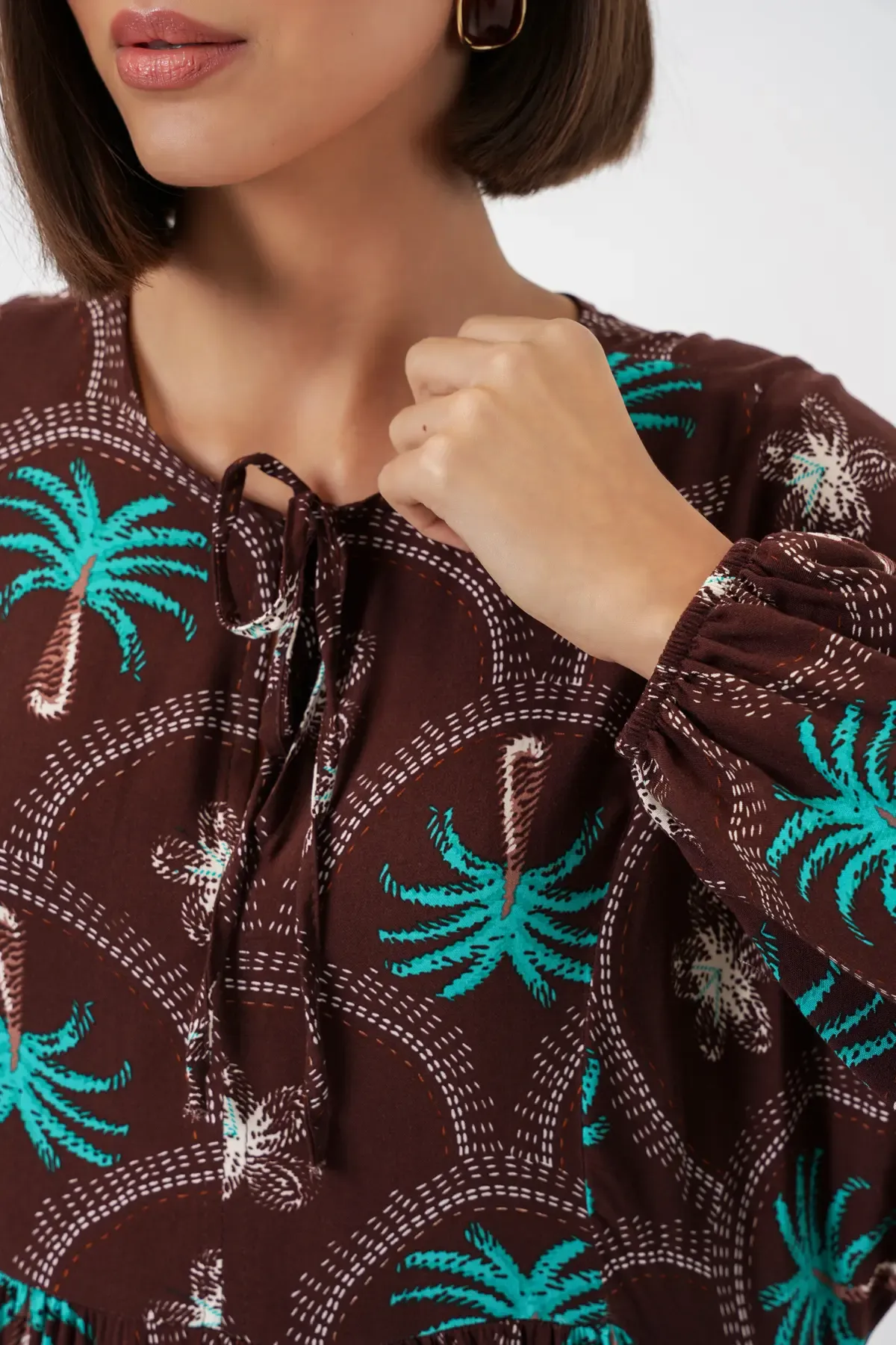 Kadın Desenli Tesettür Elbise 2594 - Kahverengi