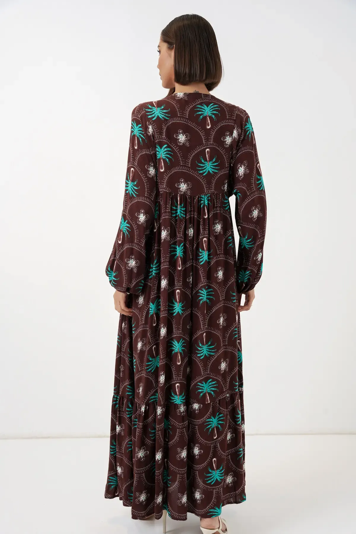 Kadın Desenli Tesettür Elbise 2594 - Kahverengi