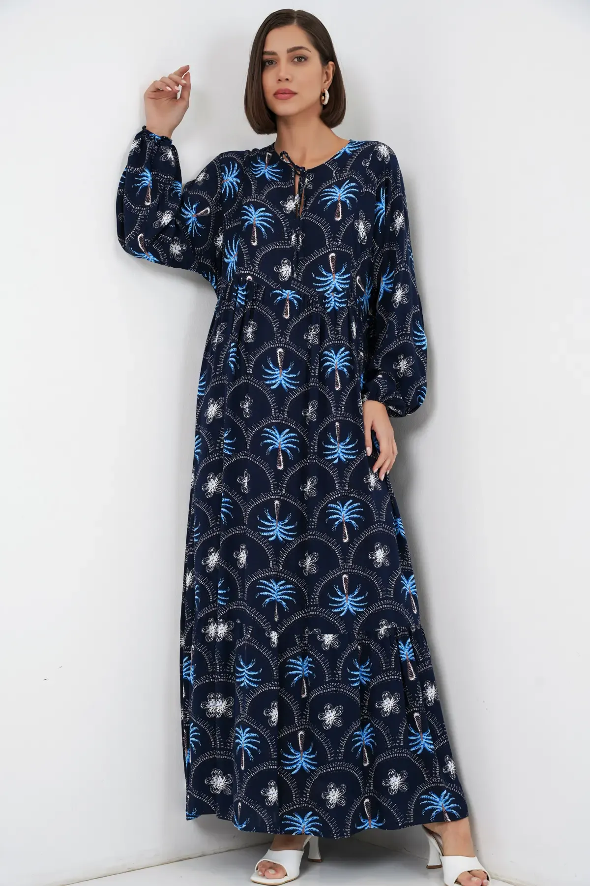 Kadın Desenli Tesettür Elbise 2594 - Lacivert