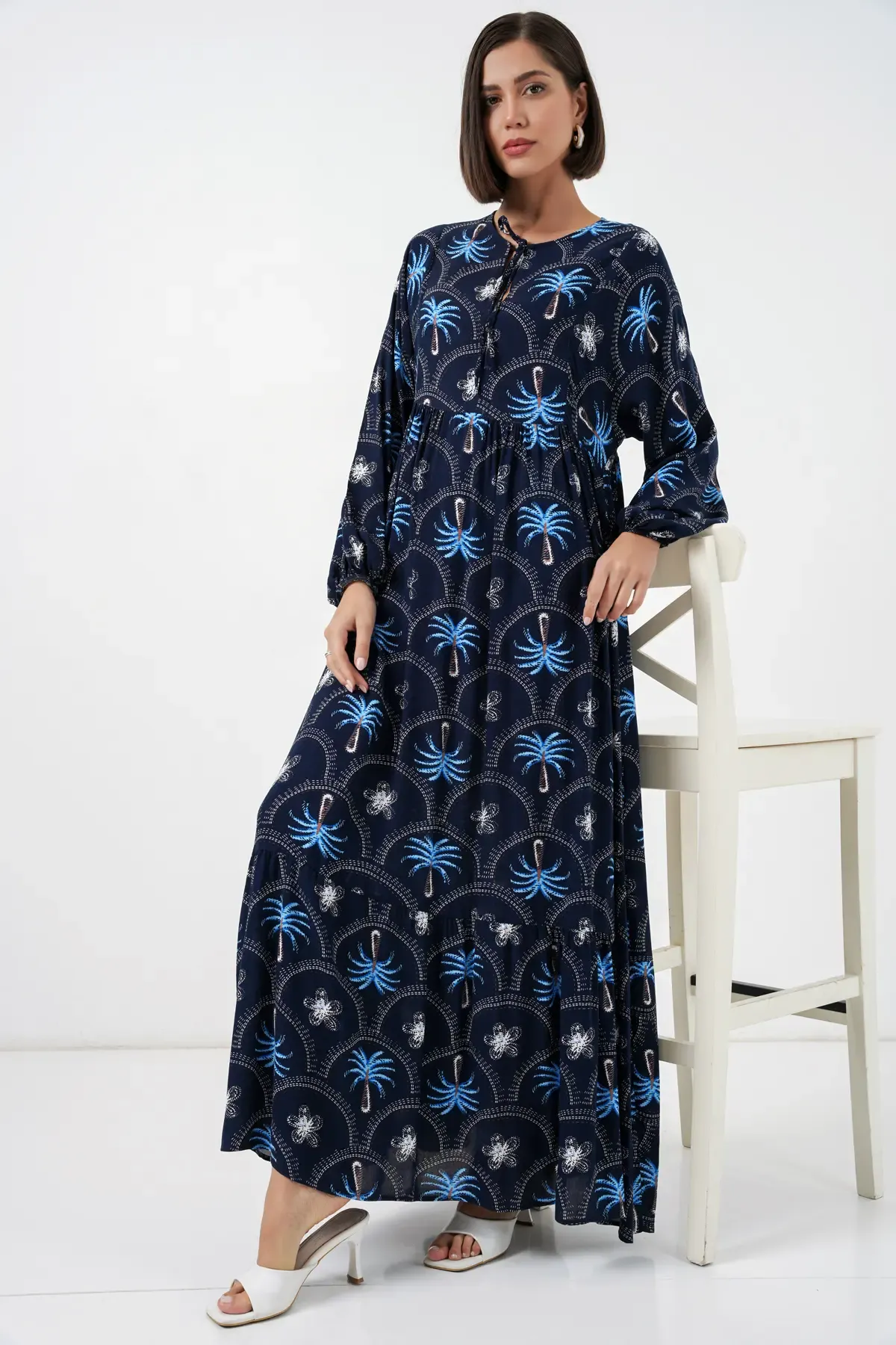 Kadın Desenli Tesettür Elbise 2594 - Lacivert
