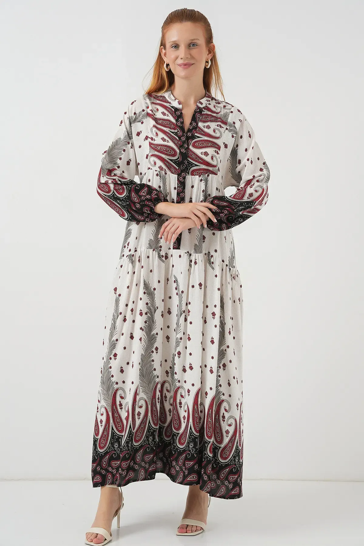 Kadın Desenli Uzun Tesettür Elbise 2585 - A.Kırmızı