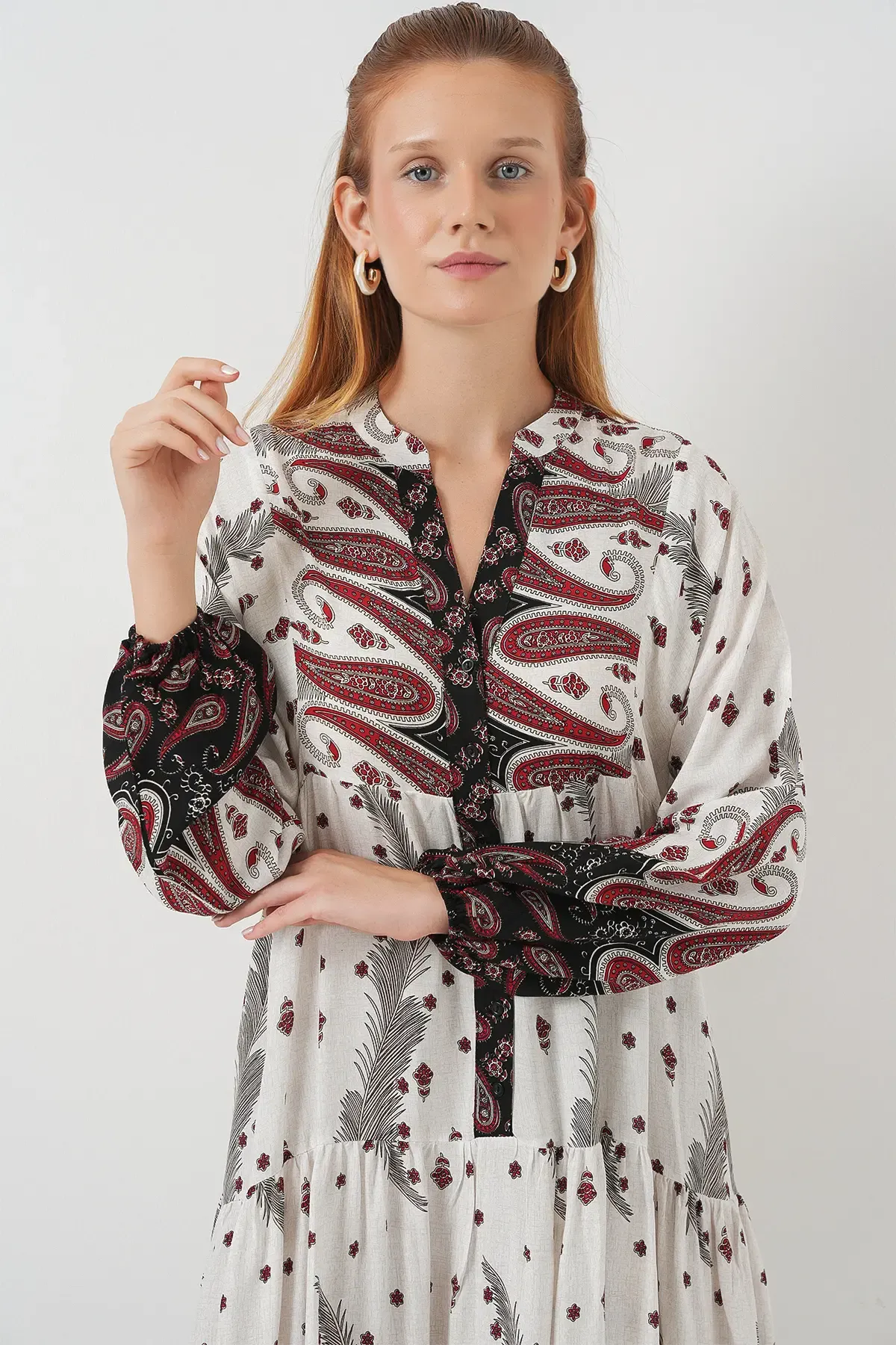 Kadın Desenli Uzun Tesettür Elbise 2585 - A.Kırmızı