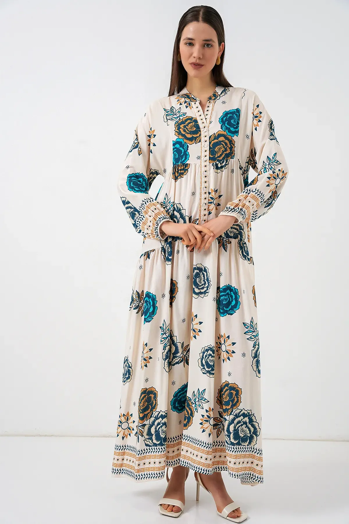 Kadın Desenli Uzun Tesettür Elbise 2585 - A.SAKS