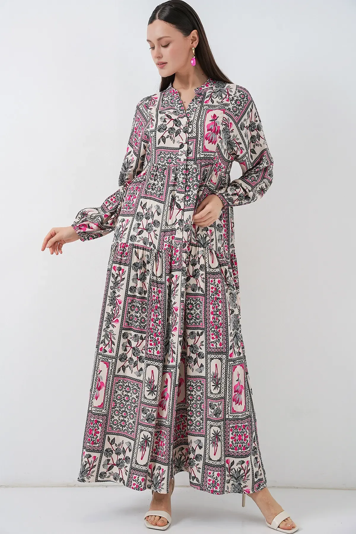 Kadın Desenli Uzun Tesettür Elbise 2585 - B. Fuşya