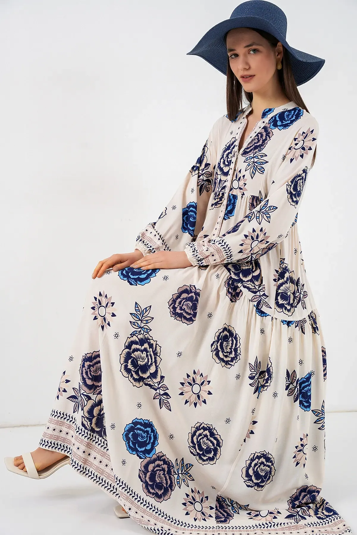 Kadın Desenli Uzun Tesettür Elbise 2585 - B.Lacivert