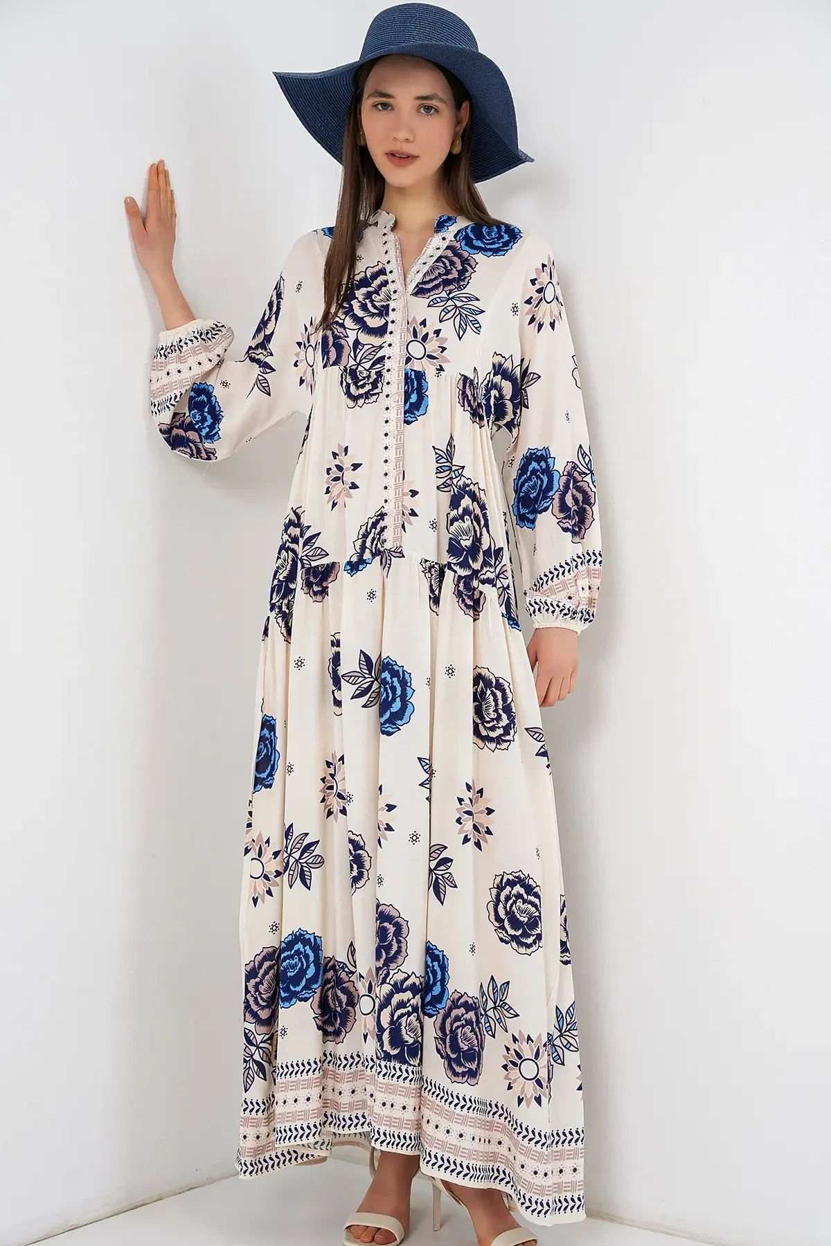 Kadın Desenli Uzun Tesettür Elbise 2585 - B.Lacivert