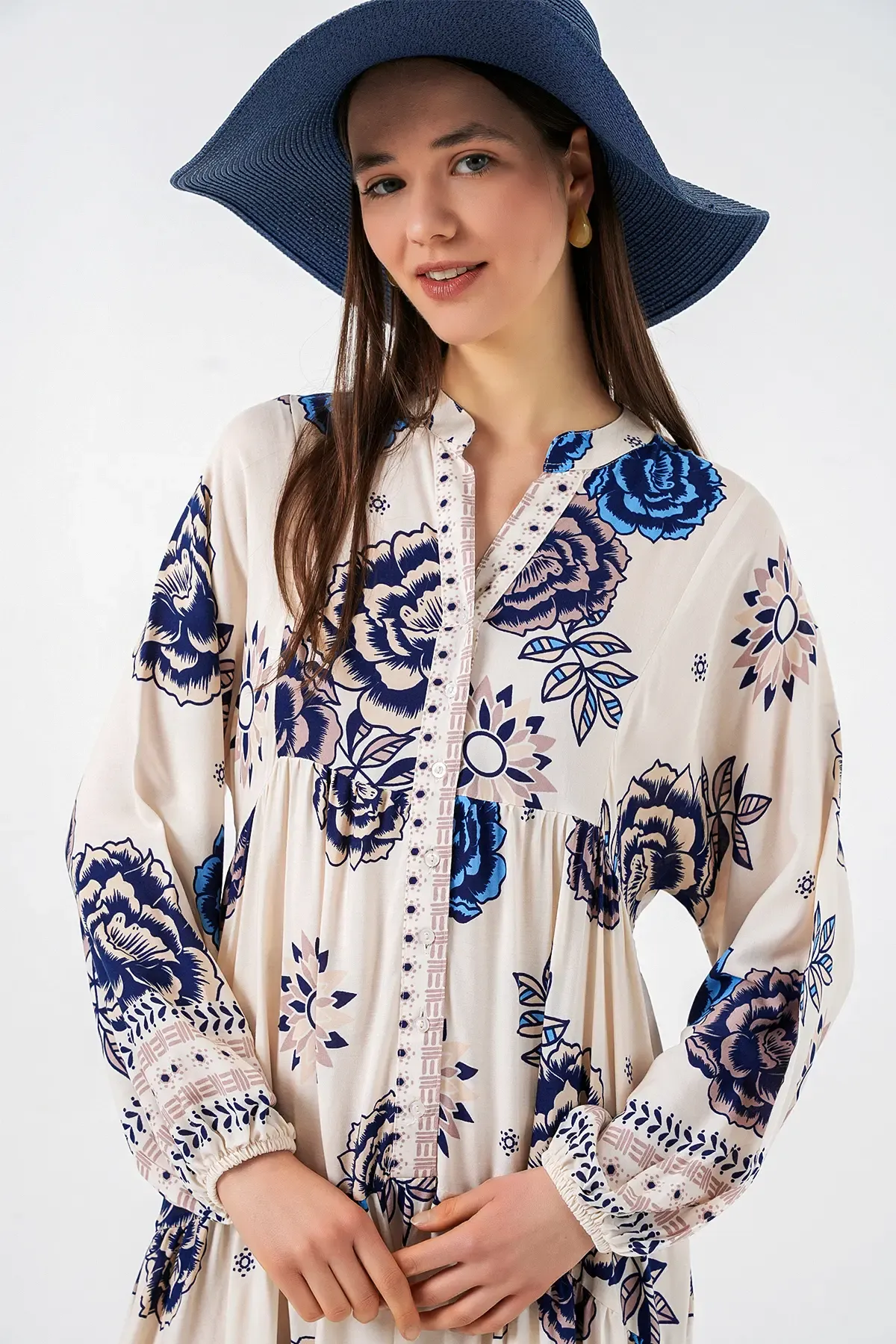 Kadın Desenli Uzun Tesettür Elbise 2585 - B.Lacivert