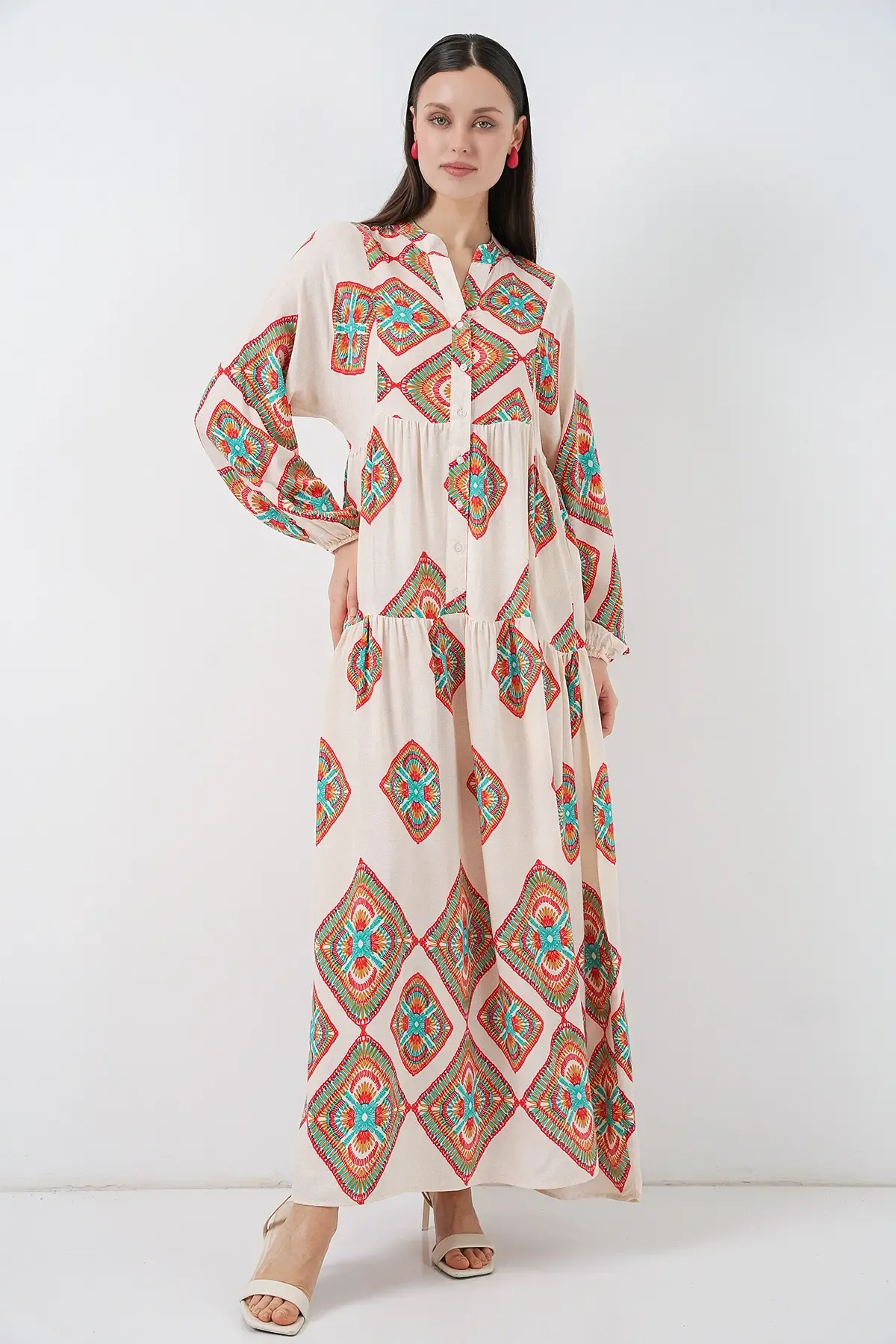 Kadın Desenli Uzun Tesettür Elbise 2585 - Bej