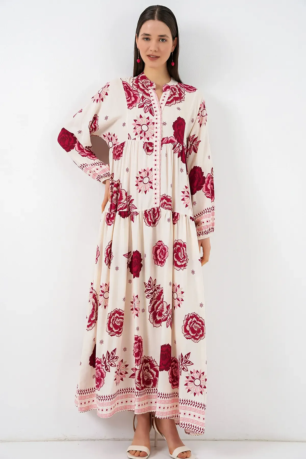 Kadın Desenli Uzun Tesettür Elbise 2585 - Bordo 1