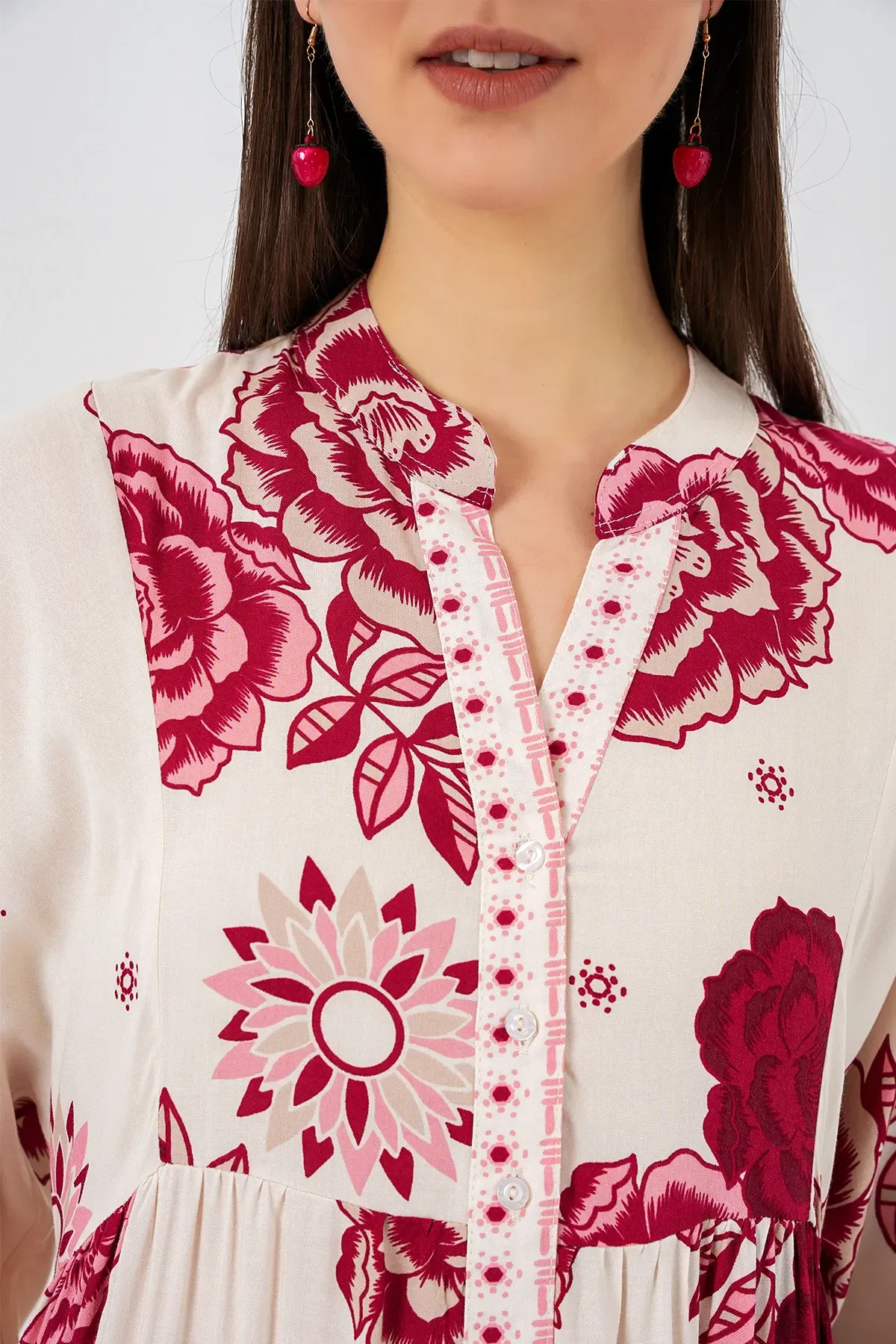 Kadın Desenli Uzun Tesettür Elbise 2585 - Bordo 1