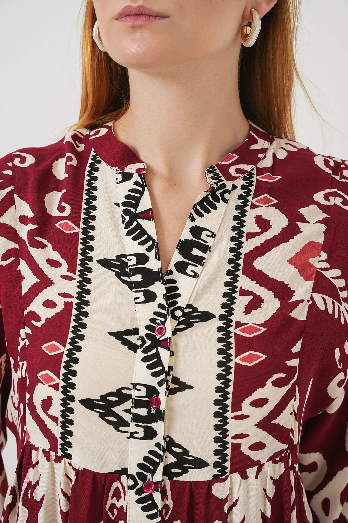 Kadın Desenli Uzun Tesettür Elbise 2585 - Bordo